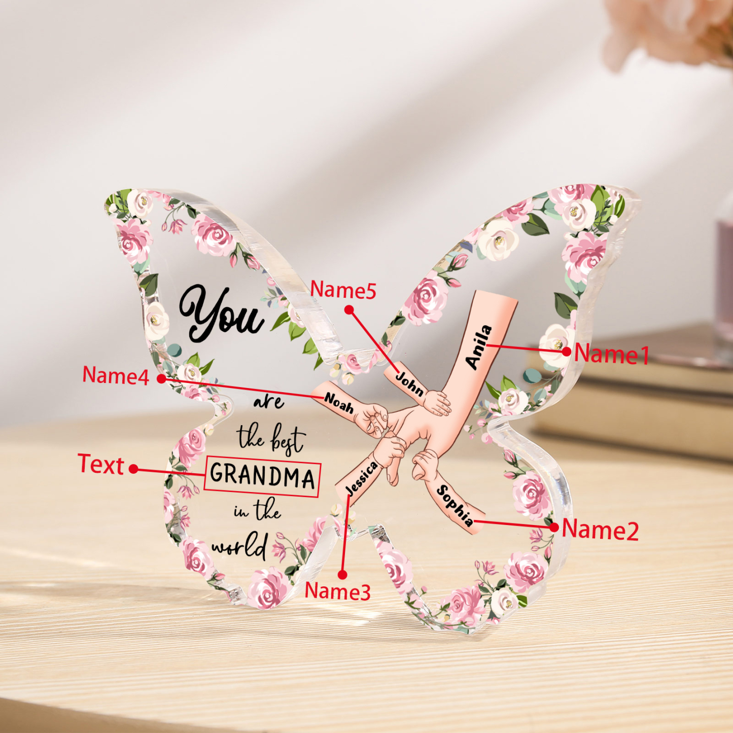 5 Names - Personalized Butterfly Acrylic Plaque for Mom- Custom Gift with Multiple Names and Texts for Mother's Day