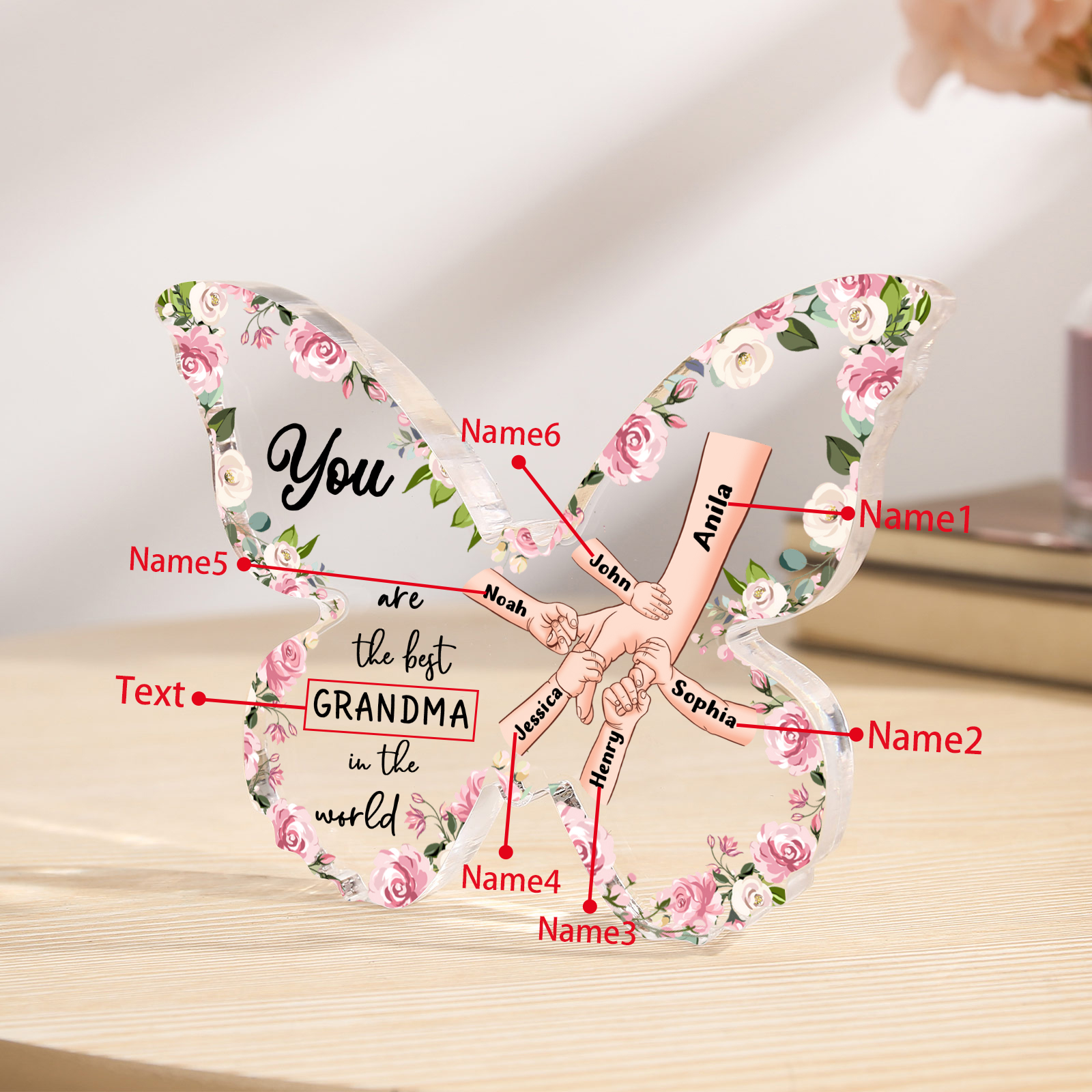 6 Names - Personalized Butterfly Acrylic Plaque for Mom- Custom Gift with Multiple Names and Texts for Mother's Day