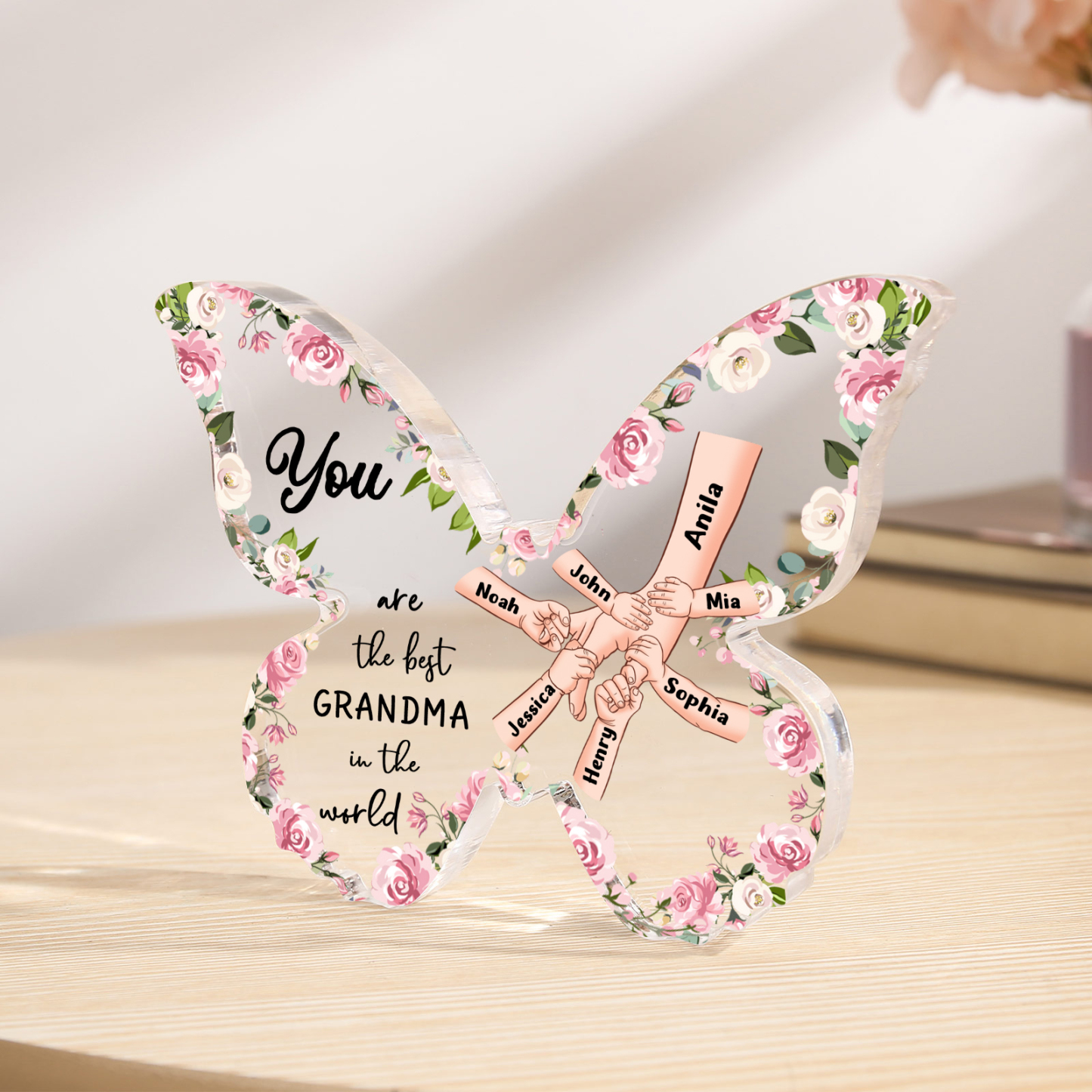 7 Names - Personalized Butterfly Acrylic Plaque for Mom- Custom Gift with Multiple Names and Texts for Mother's Day