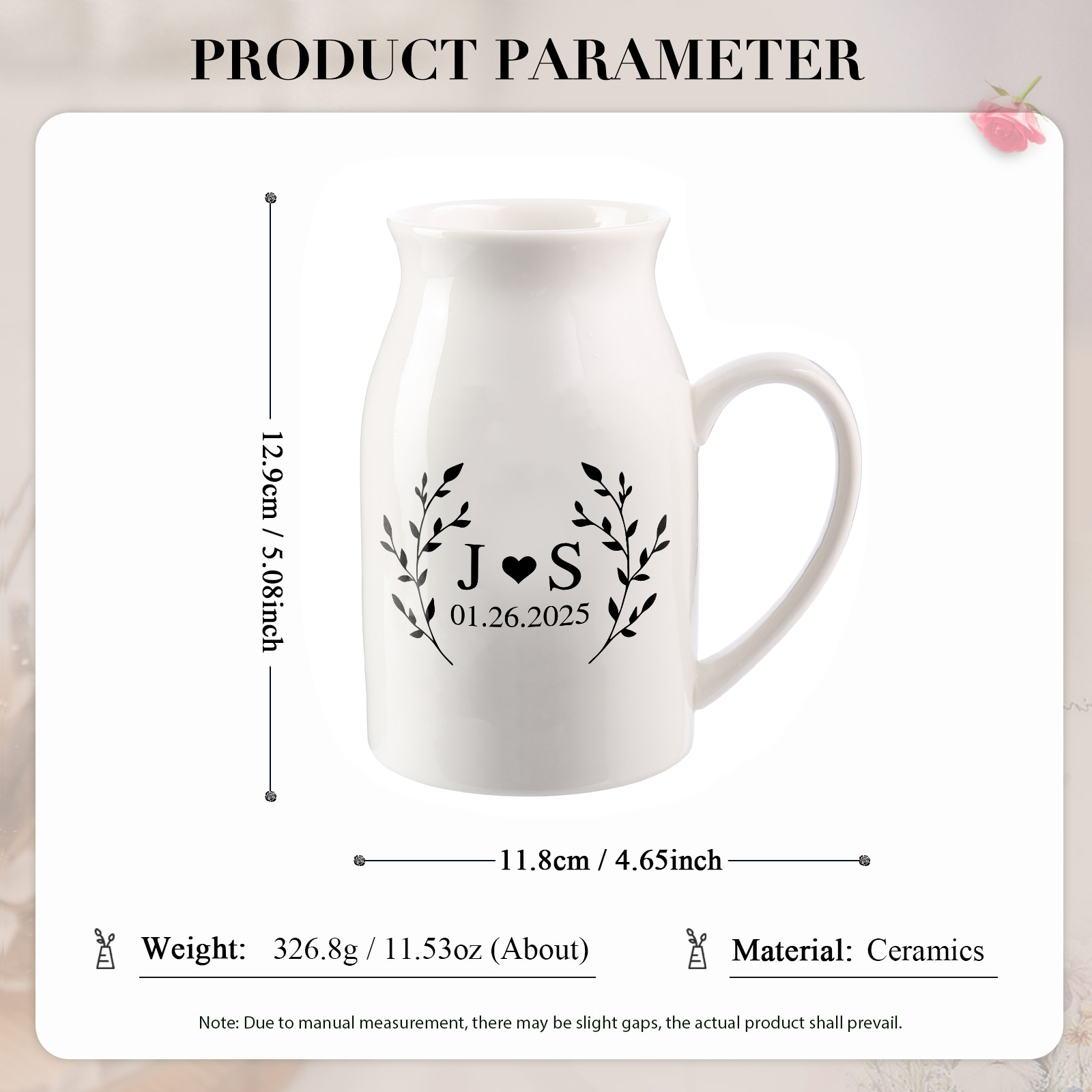 Unique Pitcher Style Engagement Vase – Personalized Ceramic Engagement Vase with Custom Names & Date – with Bow & Custom Names
