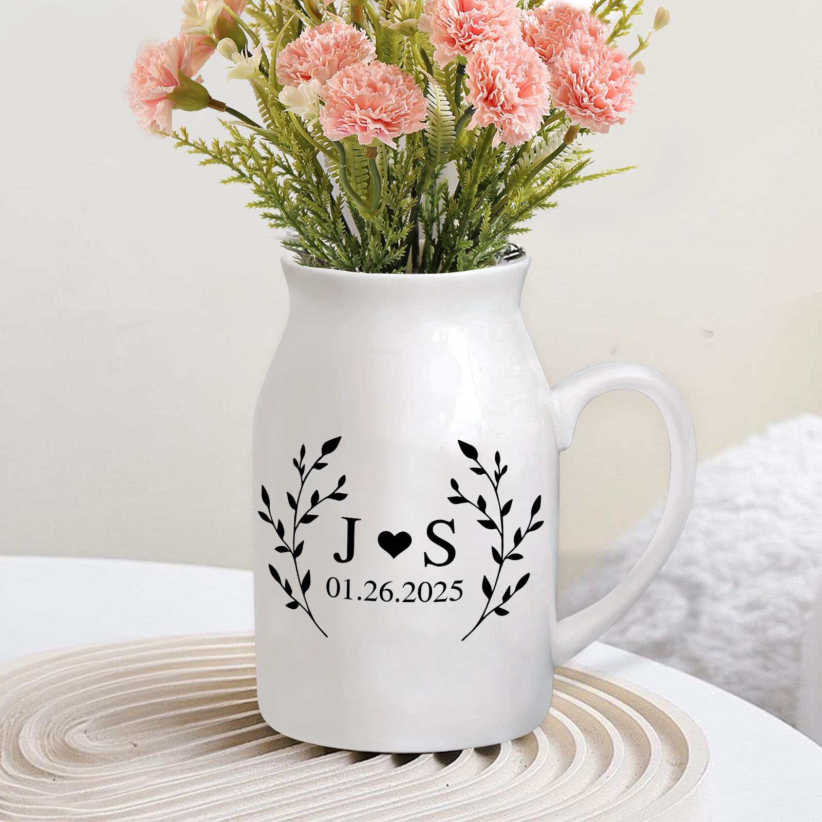 Unique Pitcher Style Engagement Vase – Personalized Ceramic Engagement Vase with Custom Names & Date – with Bow & Custom Names