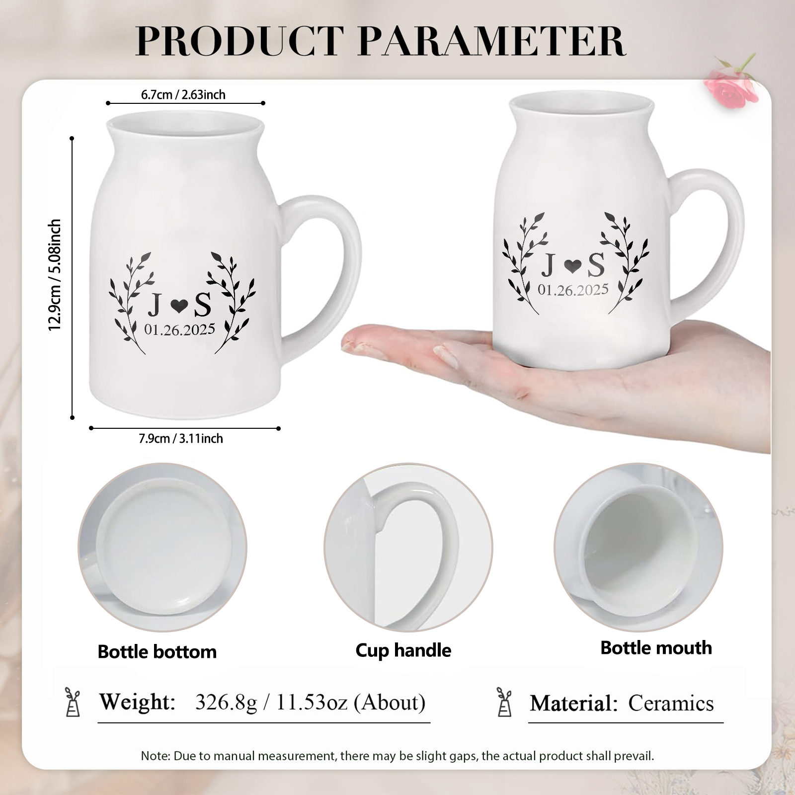 Unique Pitcher Style Engagement Vase – Personalized Ceramic Engagement Vase with Custom Names & Date – with Bow & Custom Names