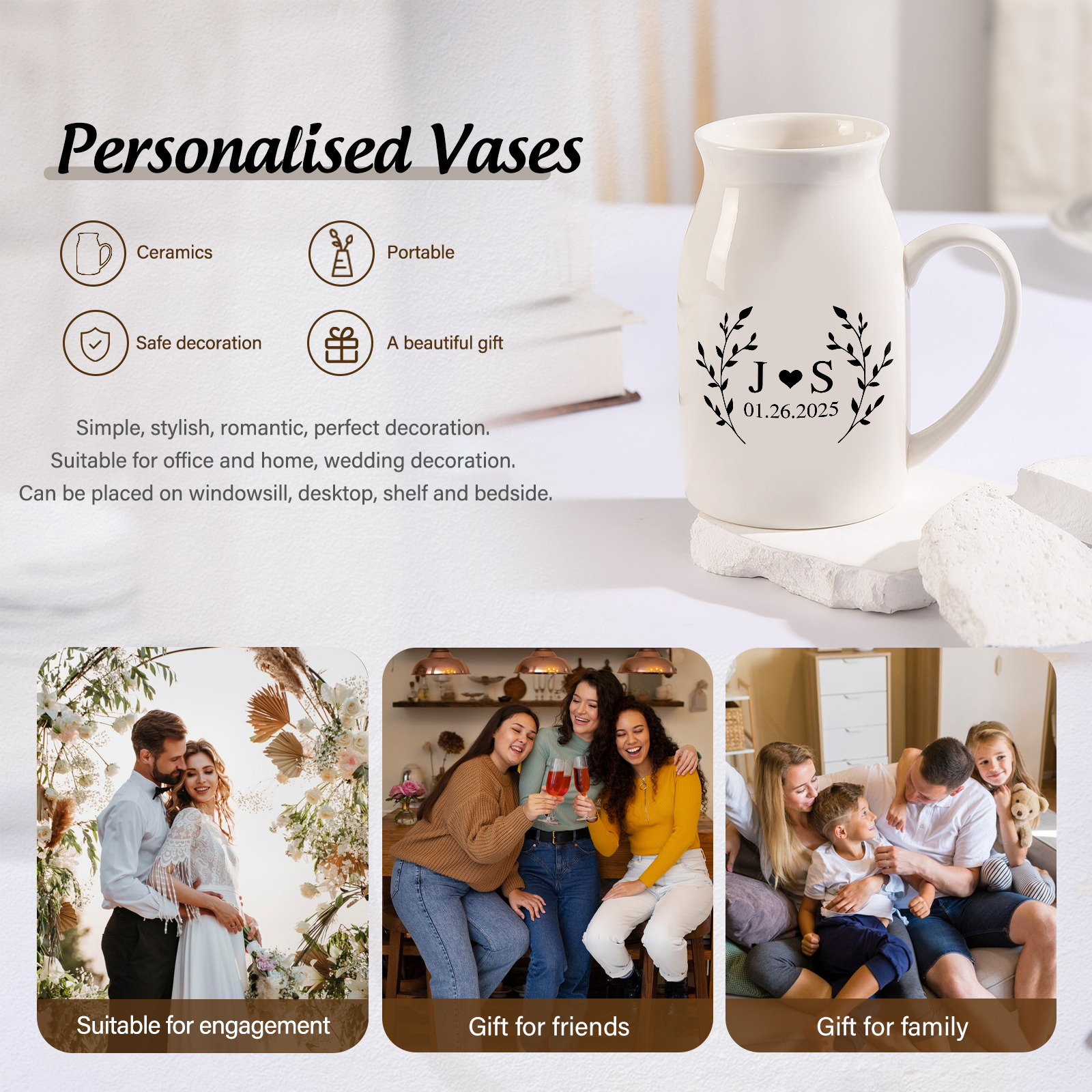 Unique Pitcher Style Engagement Vase – Personalized Ceramic Engagement Vase with Custom Names & Date – with Bow & Custom Names