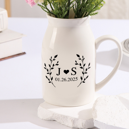 Unique Pitcher Style Engagement Vase – Personalized Ceramic Engagement Vase with Custom Names & Date – with Bow & Custom Names