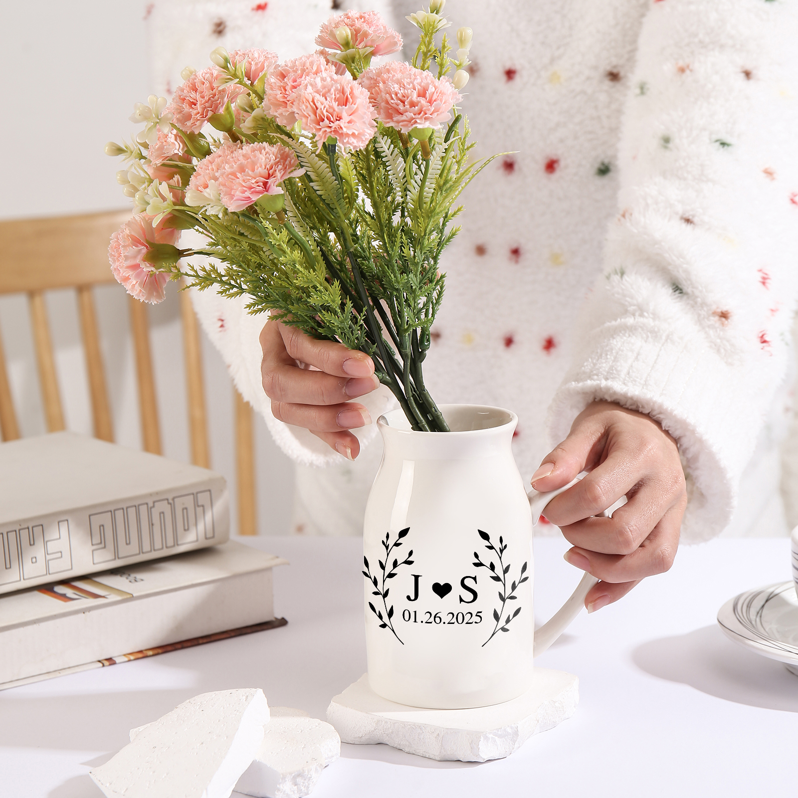 Unique Pitcher Style Engagement Vase – Personalized Ceramic Engagement Vase with Custom Names & Date – with Bow & Custom Names