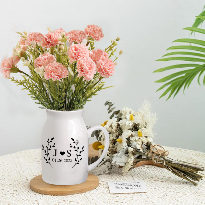 Unique Pitcher Style Engagement Vase – Personalized Ceramic Engagement Vase with Custom Names & Date – with Bow & Custom Names