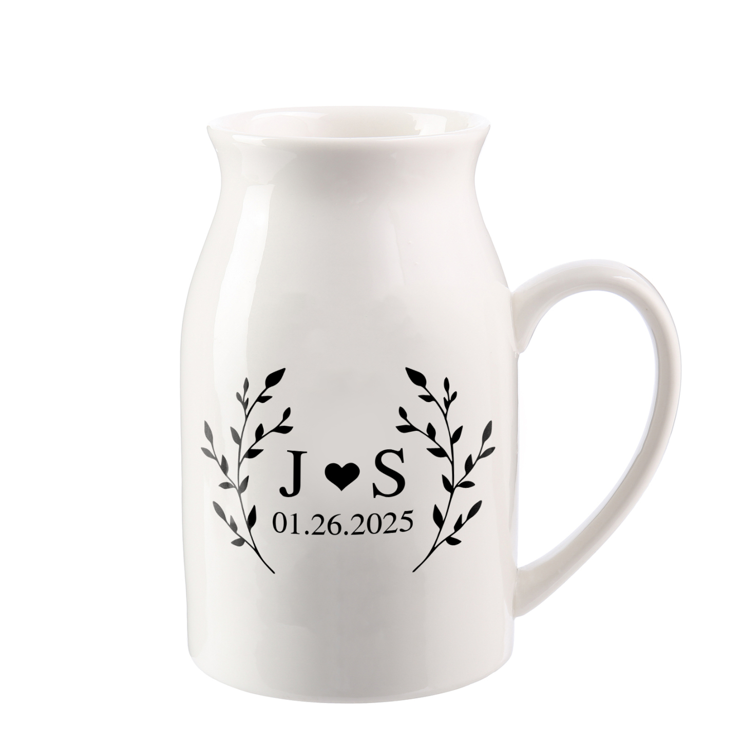 Unique Pitcher Style Engagement Vase – Personalized Ceramic Engagement Vase with Custom Names & Date – with Bow & Custom Names