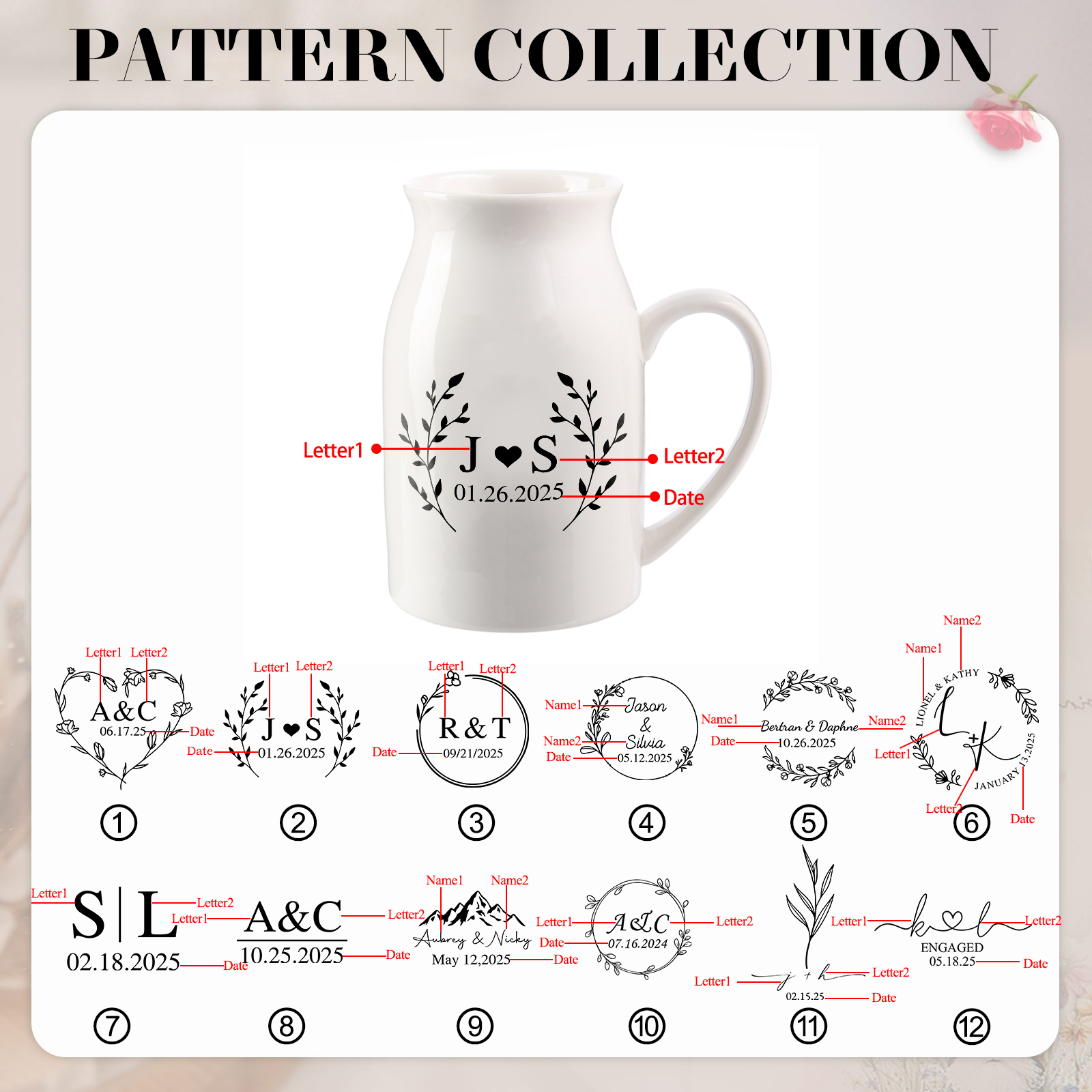 Unique Pitcher Style Engagement Vase – Personalized Ceramic Engagement Vase with Custom Names & Date – with Bow & Custom Names