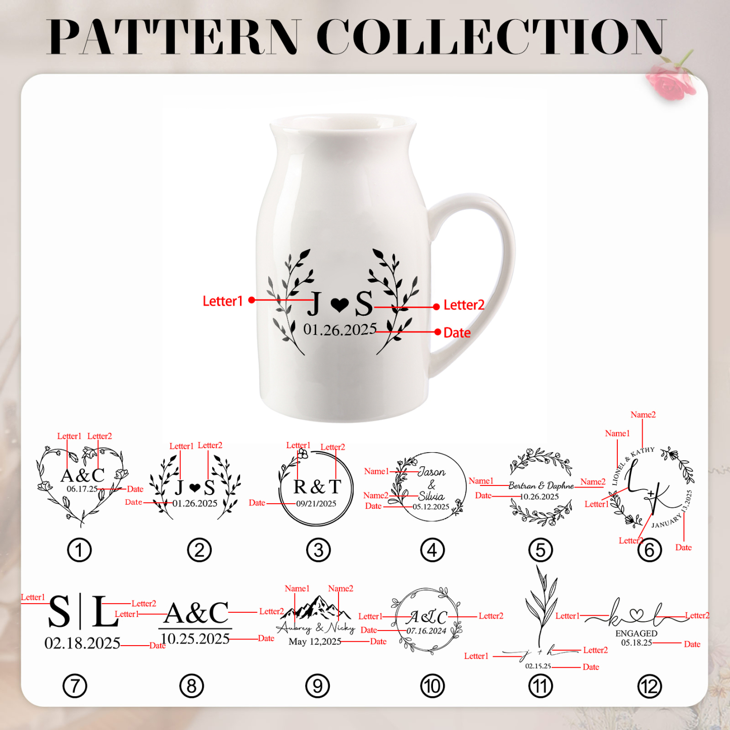 Unique Pitcher Style Engagement Vase – Personalized Ceramic Engagement Vase with Custom Names & Date – with Bow & Custom Names