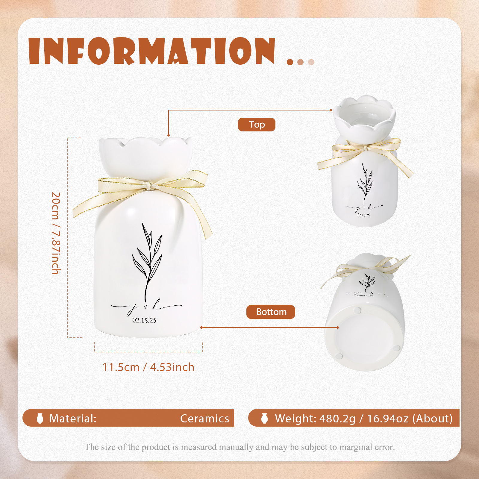 Personalized Unique Scalloped Edge Engagement Vase – with Bow & Custom Names