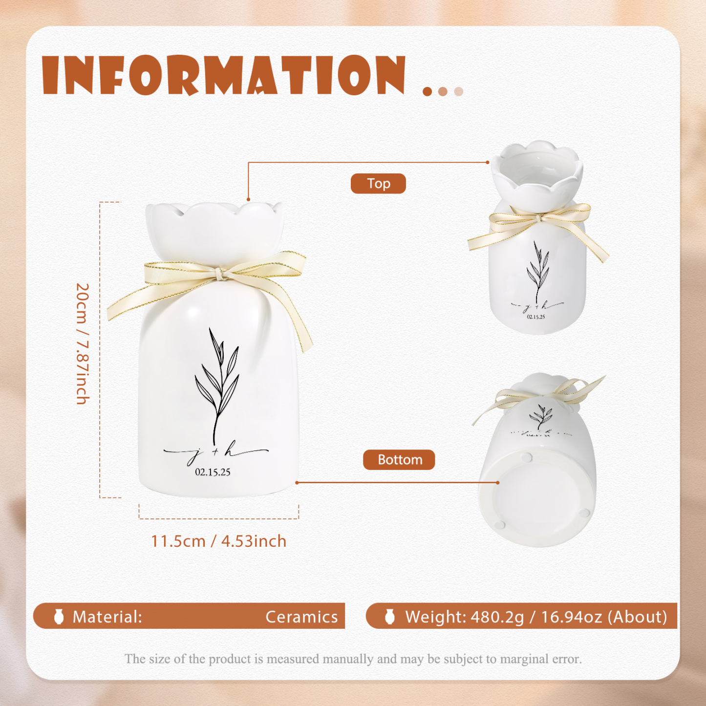 Personalized Unique Scalloped Edge Engagement Vase – with Bow & Custom Names