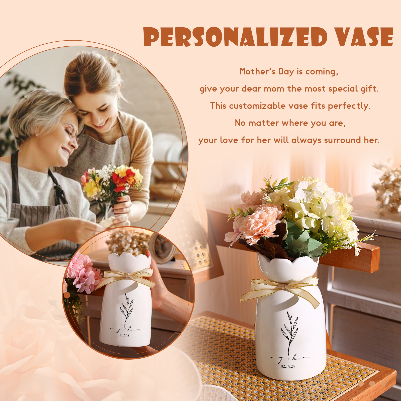 Personalized Unique Scalloped Edge Engagement Vase – with Bow & Custom Names