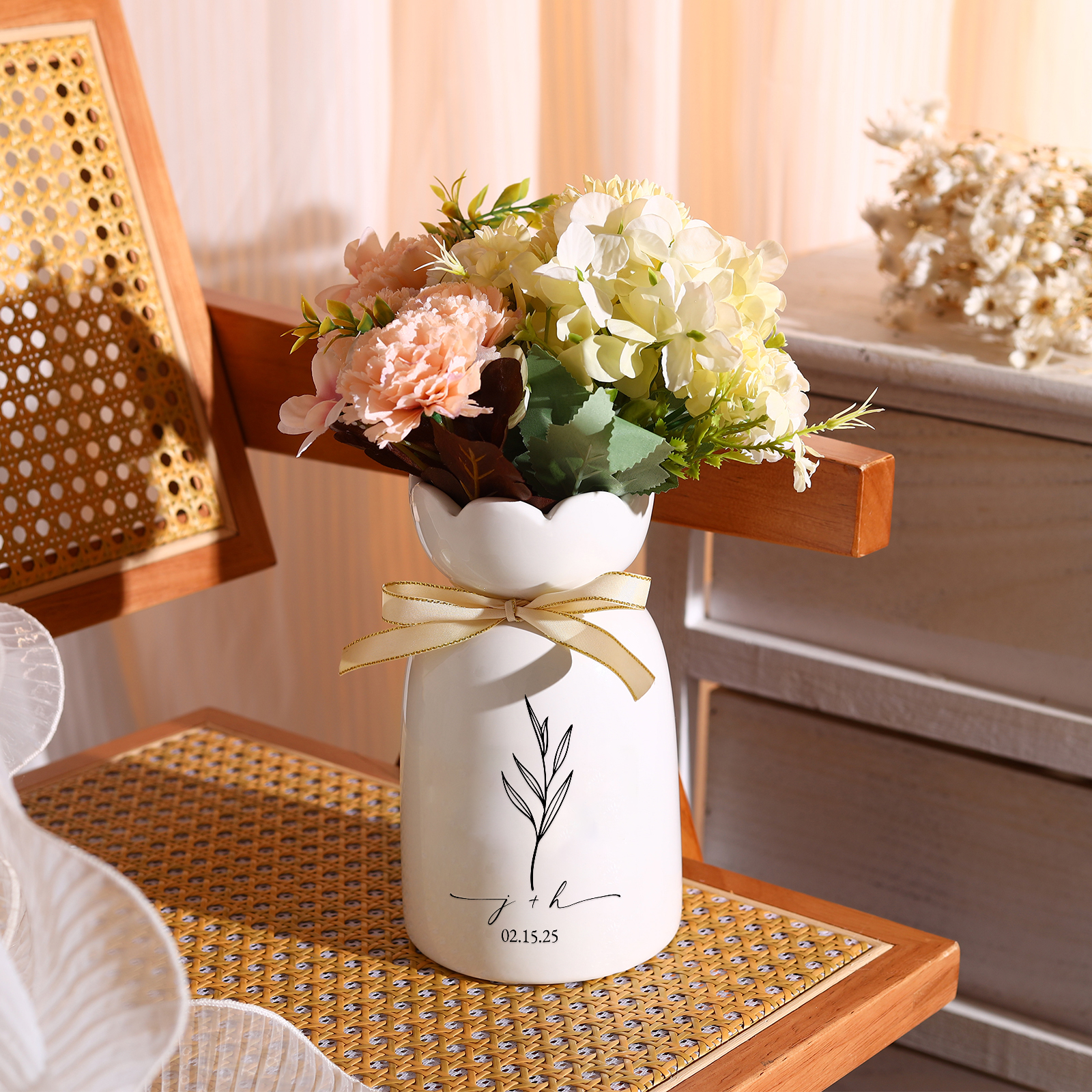 Personalized Unique Scalloped Edge Engagement Vase – with Bow & Custom Names