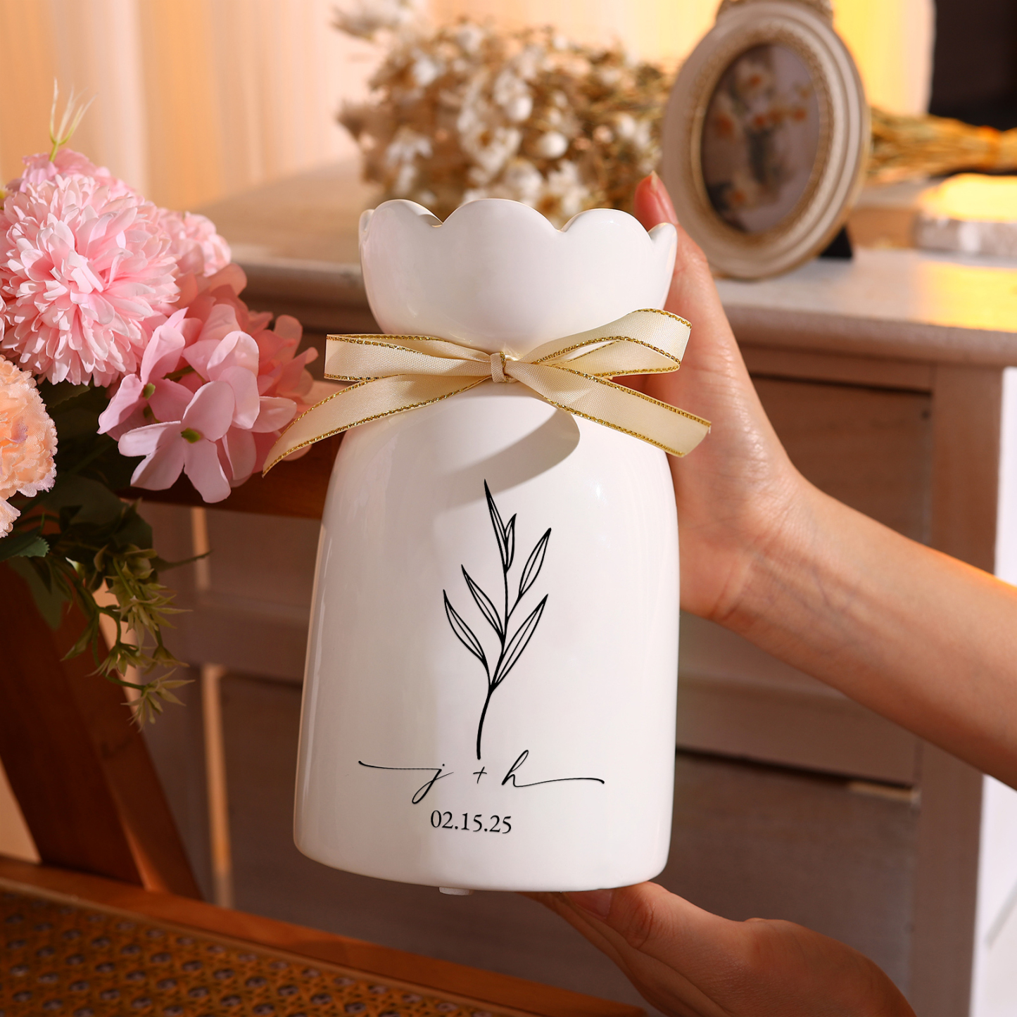 Personalized Engagement Vase with Names and Date, Unique Ceramic Flowe