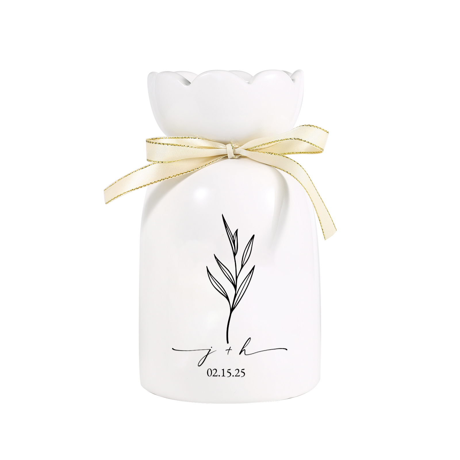 Personalized Unique Scalloped Edge Engagement Vase – with Bow & Custom Names