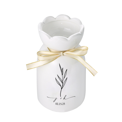 Personalized Unique Scalloped Edge Engagement Vase – with Bow & Custom Names