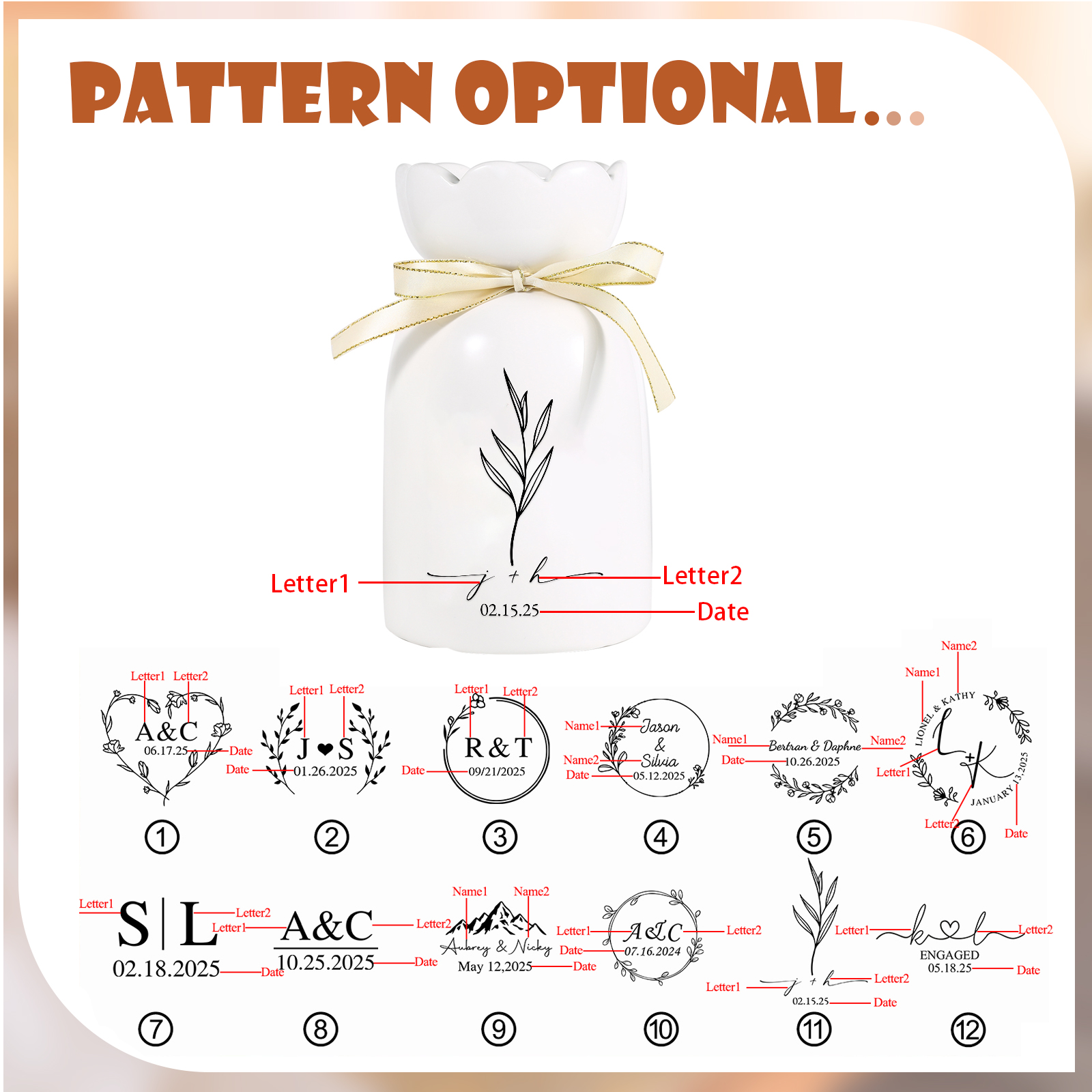 Personalized Unique Scalloped Edge Engagement Vase – with Bow & Custom Names