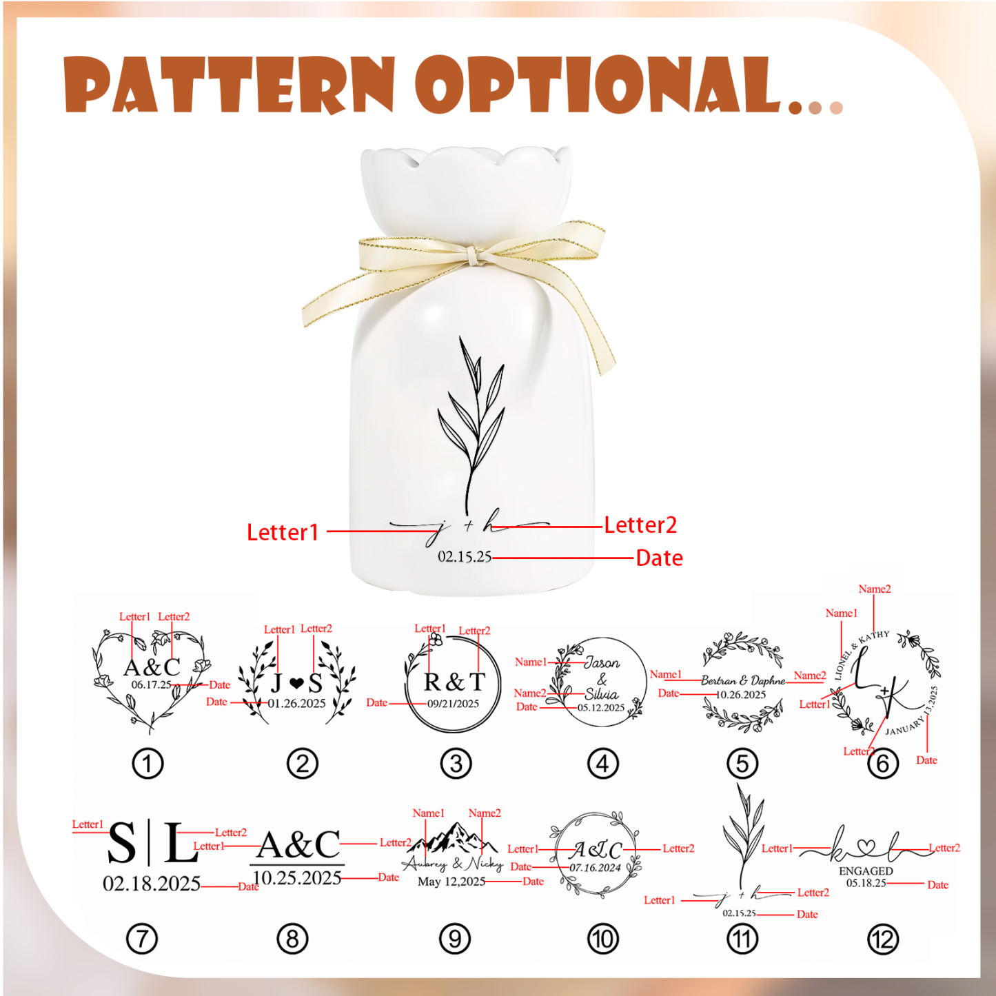 Personalized Unique Scalloped Edge Engagement Vase – with Bow & Custom Names