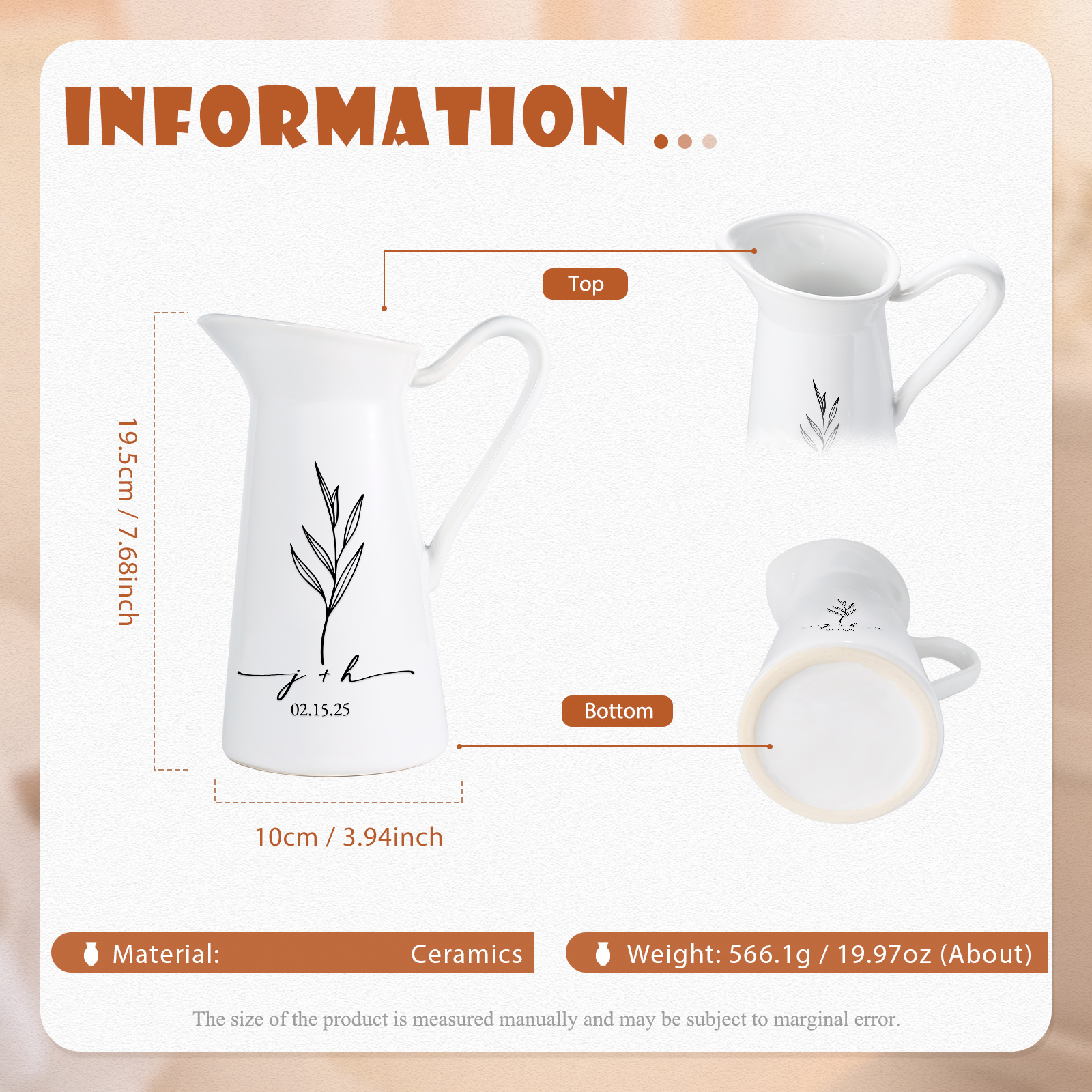  Personalized Engagement Vase with Names and Date, Unique Ceramic Flower Jug Gift