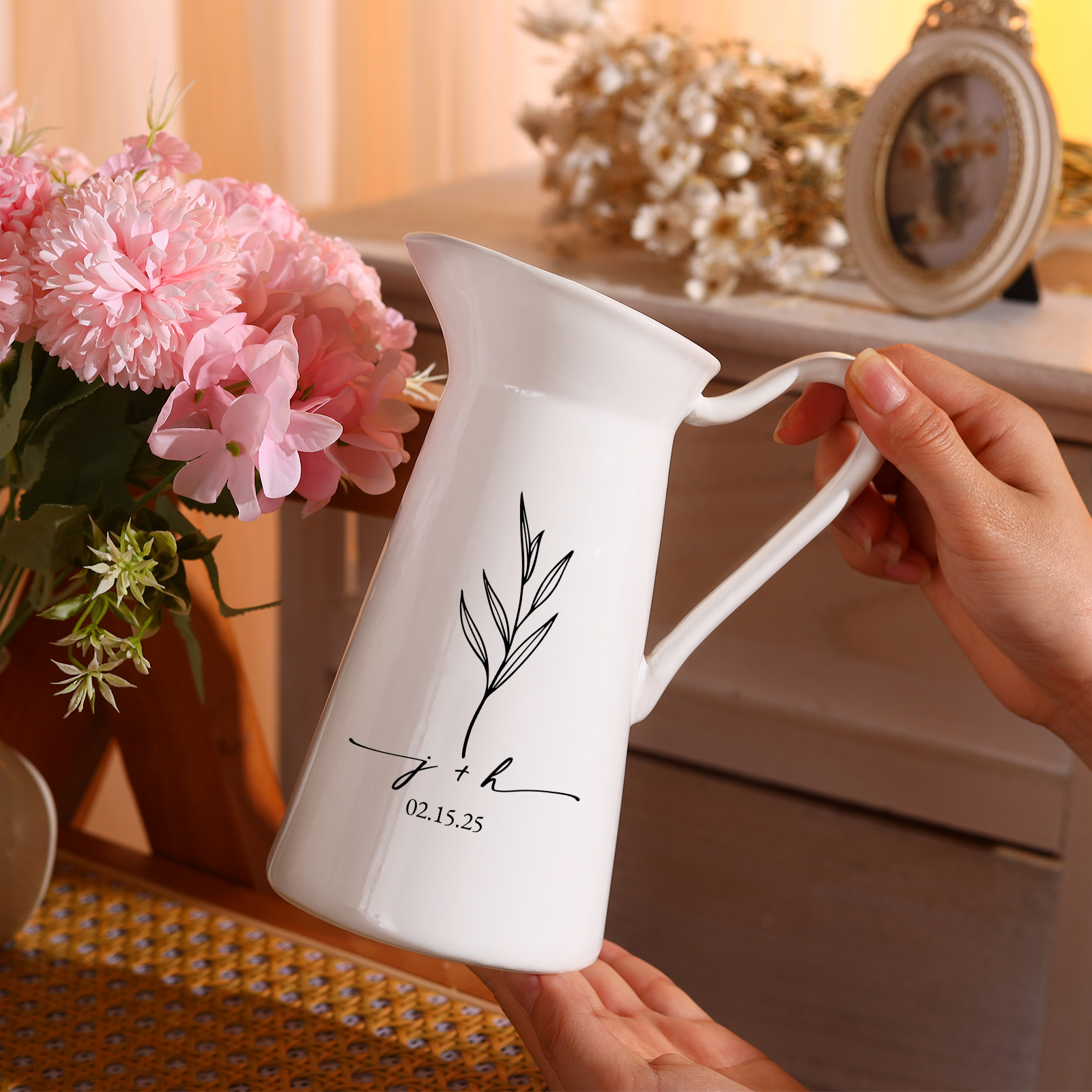  Personalized Engagement Vase with Names and Date, Unique Ceramic Flower Jug Gift