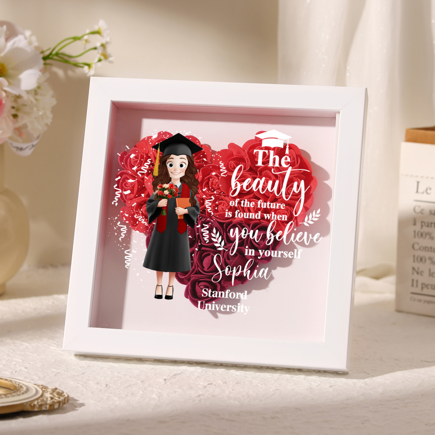 Personalized Graduation Flower Frame Keepsake – 3D Graduate Figurine and Rose Display Gift 