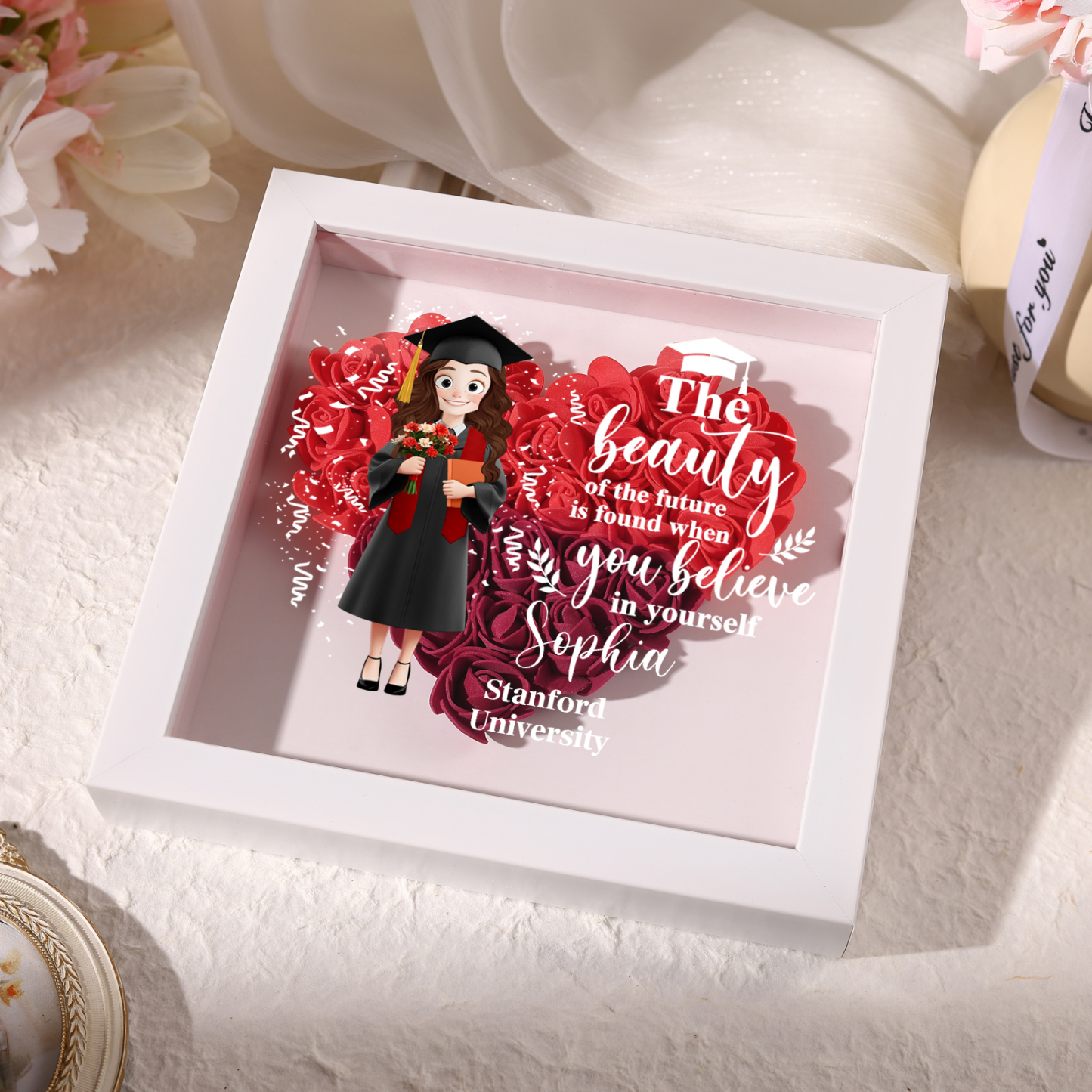 Personalized Graduation Flower Frame Keepsake – 3D Graduate Figurine and Rose Display Gift 