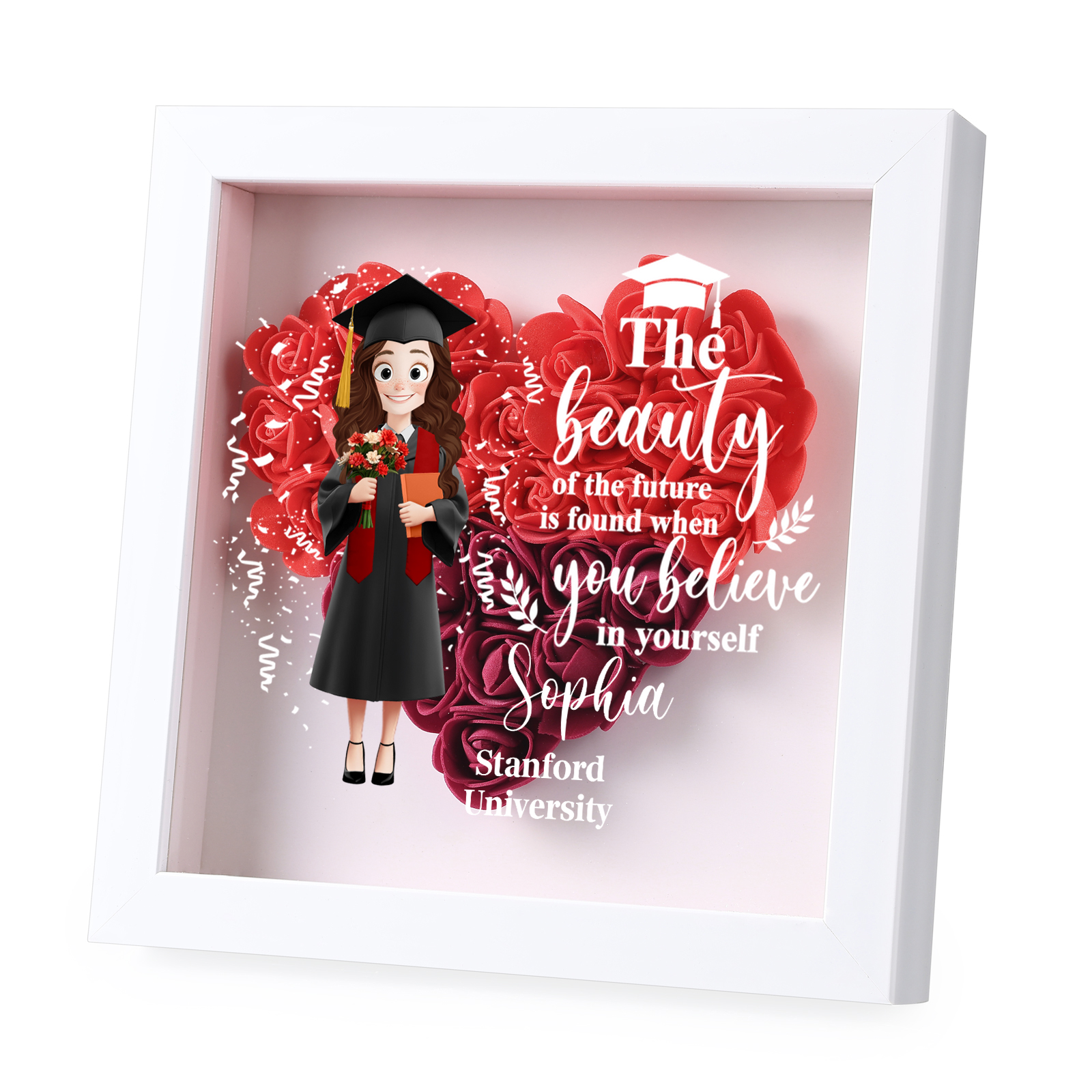 Personalized Graduation Flower Frame Keepsake – 3D Graduate Figurine and Rose Display Gift 