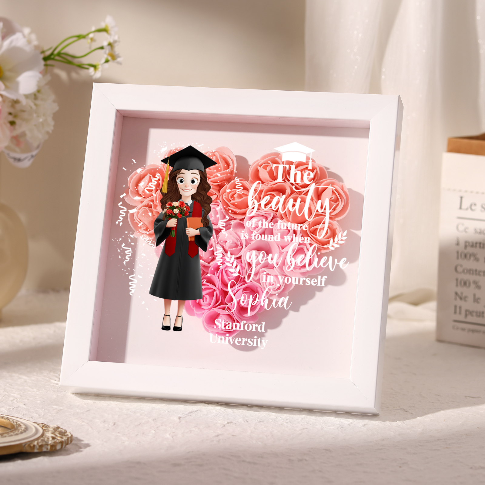 Personalized Graduation Flower Frame Keepsake – 3D Graduate Figurine and Rose Display Gift 