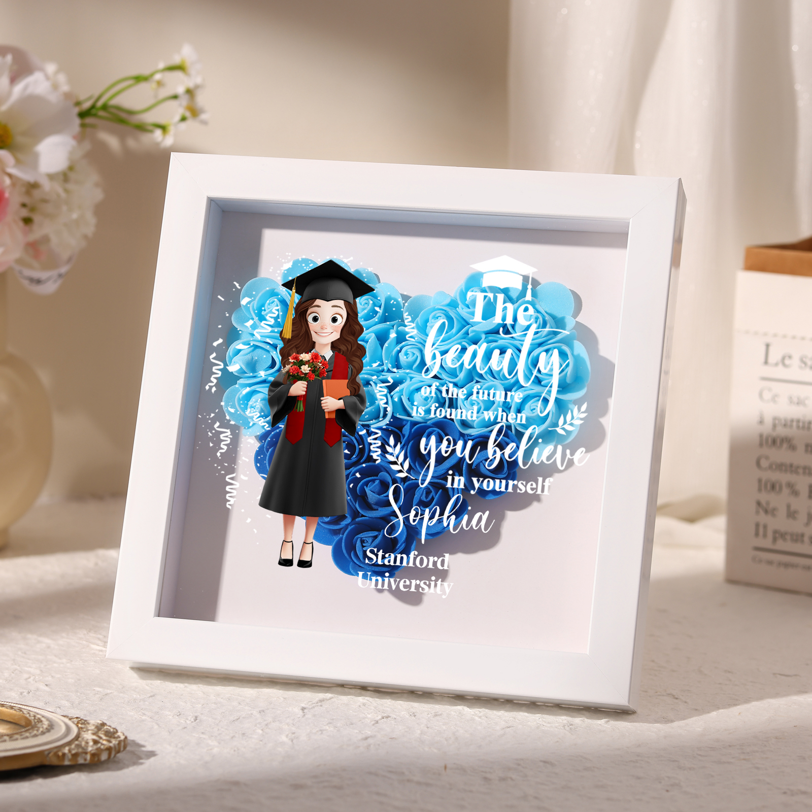 Personalized Graduation Flower Frame Keepsake – 3D Graduate Figurine and Rose Display Gift 