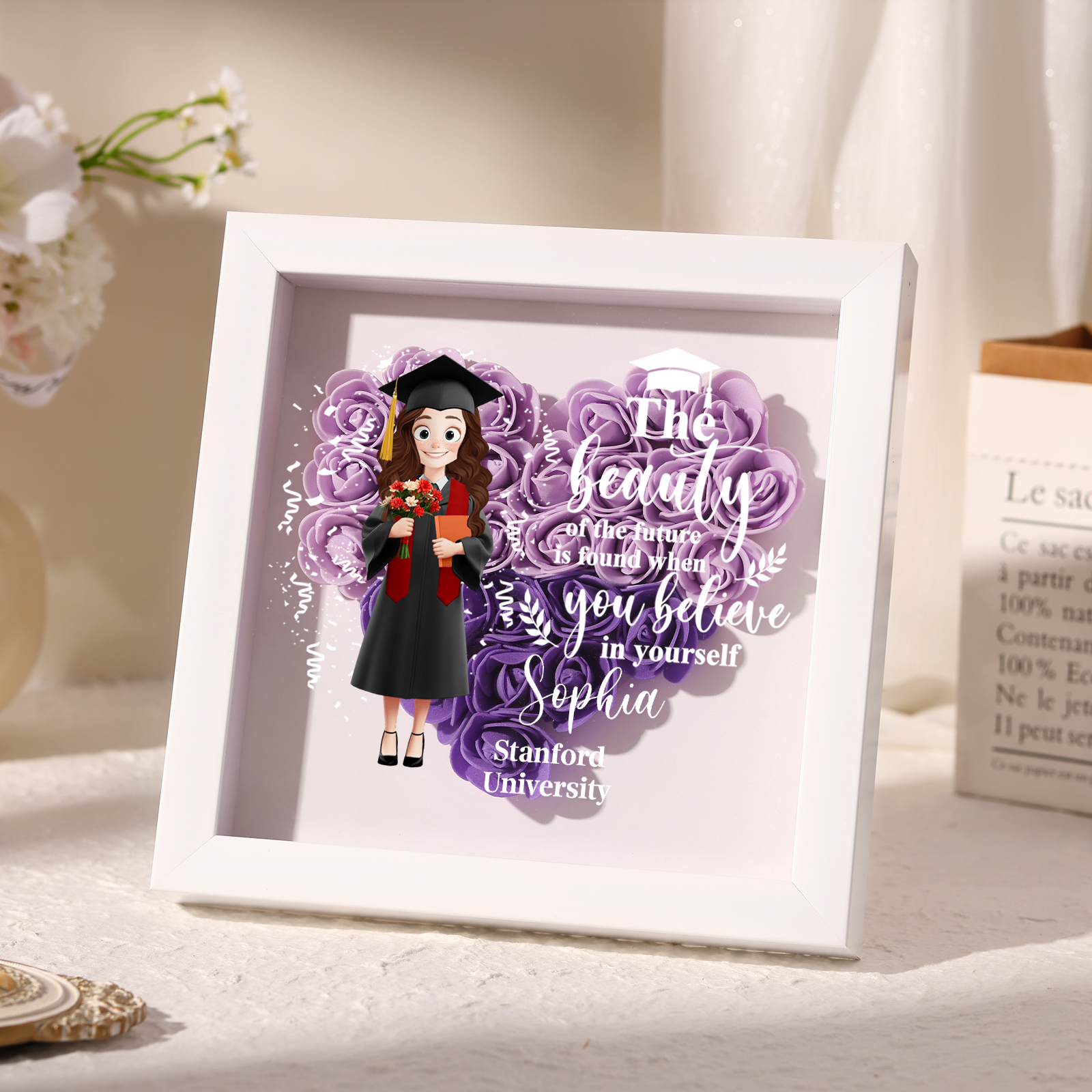 Personalized Graduation Flower Frame Keepsake – 3D Graduate Figurine and Rose Display Gift 