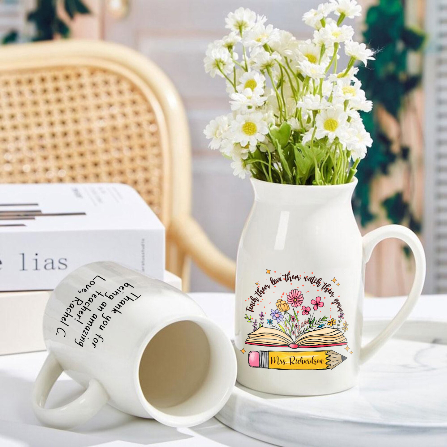 Personalized Teacher Gift Vase – Back to School Season - Unique Book & Floral Design for Teachers