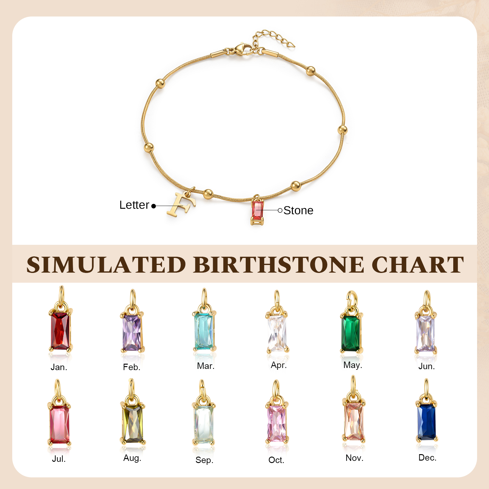 Personalized Initial Rectangle Birthstone Gold Anklet