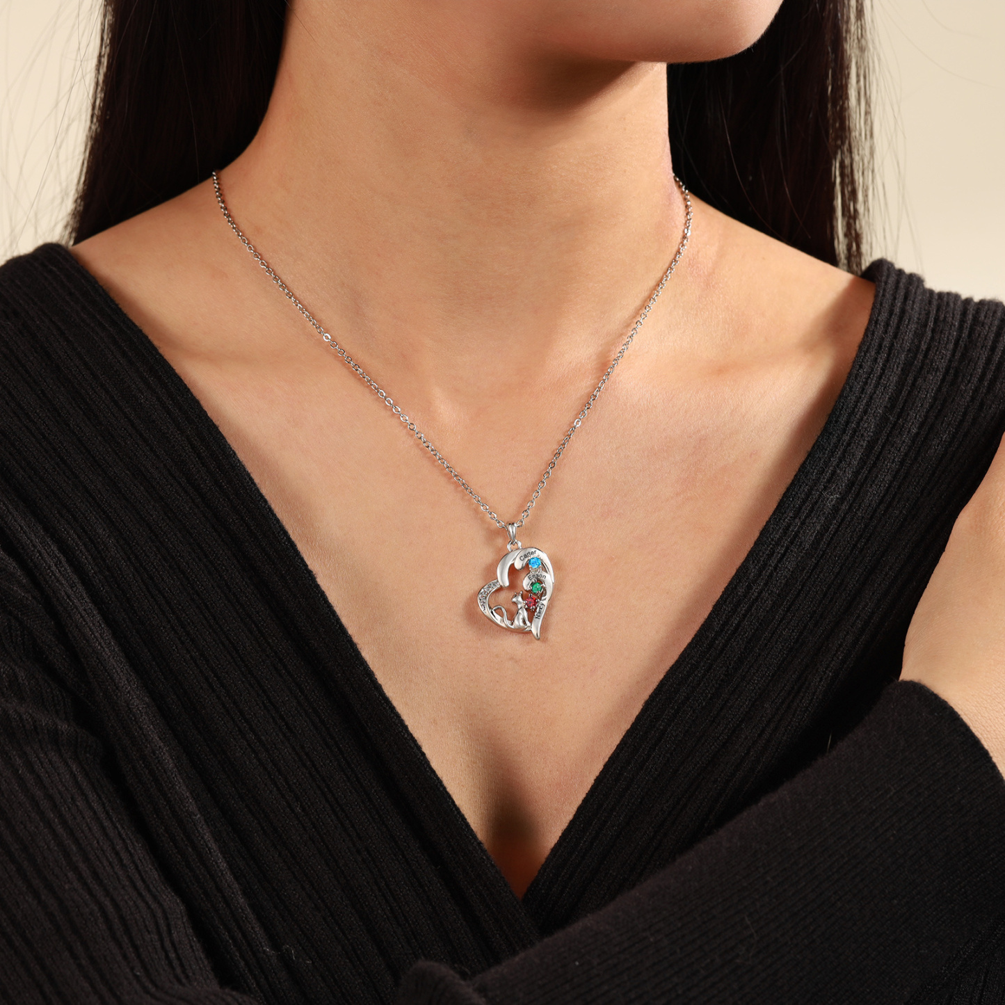 Personalized Cat Heart Necklace with 2–5 Birthstones and Names