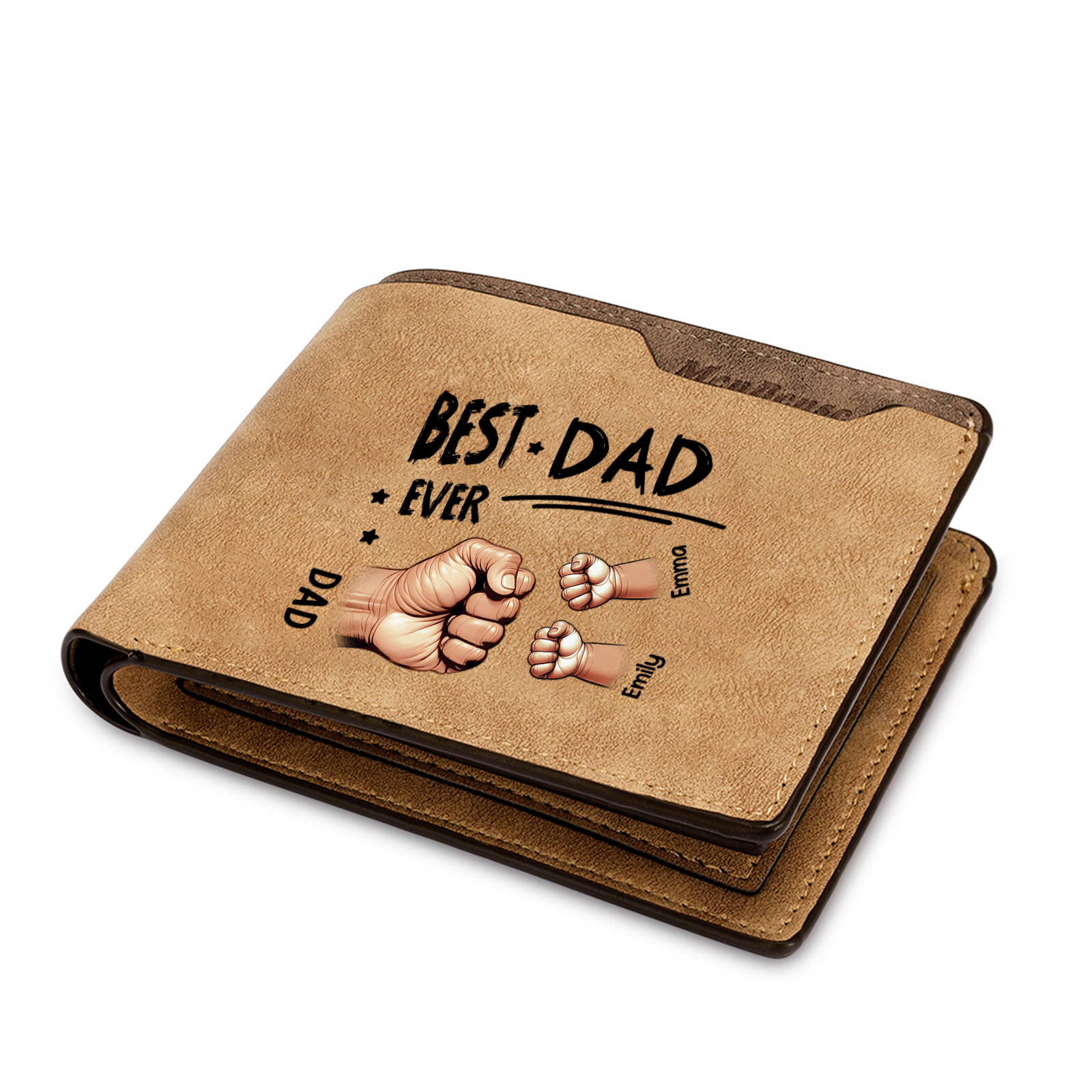 Best Dad Ever - Personalized Leather Wallet Custom 2-7 Names and Fist Bump| Father's Day Gift for Dad | Jessemade
