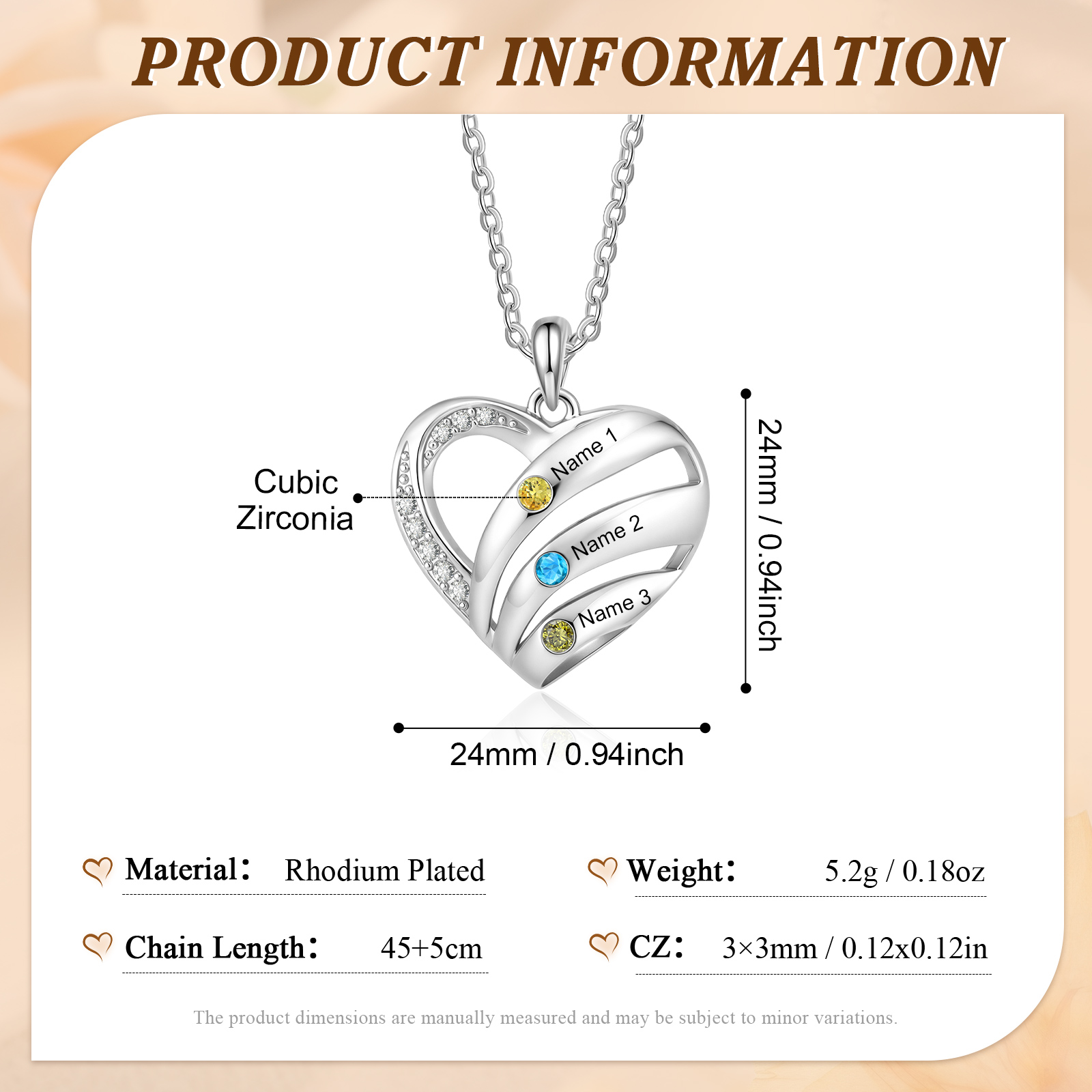 Personalized Heart Birthstones Necklace Customized With 3–5 Names And Stones