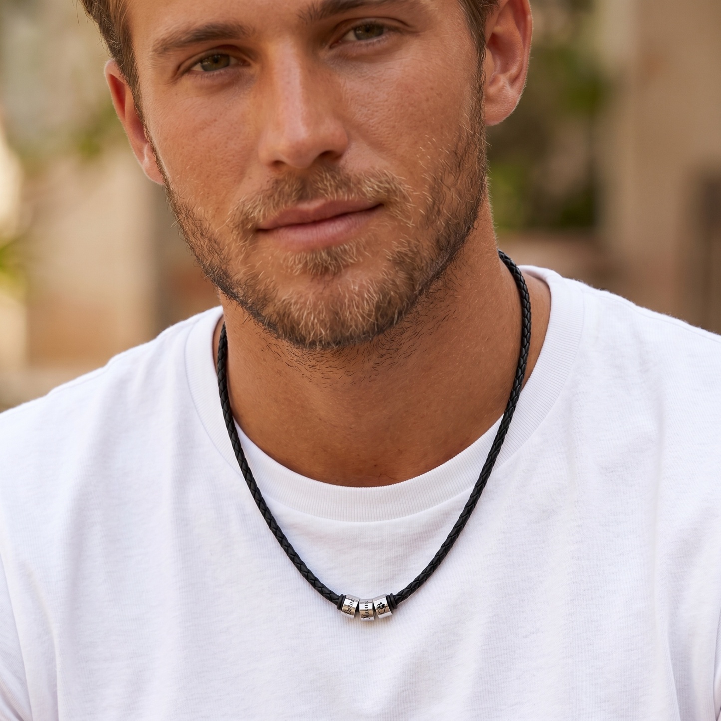 Personalized Braided Leather Necklace for Men Customized with 1–6 Names Beads