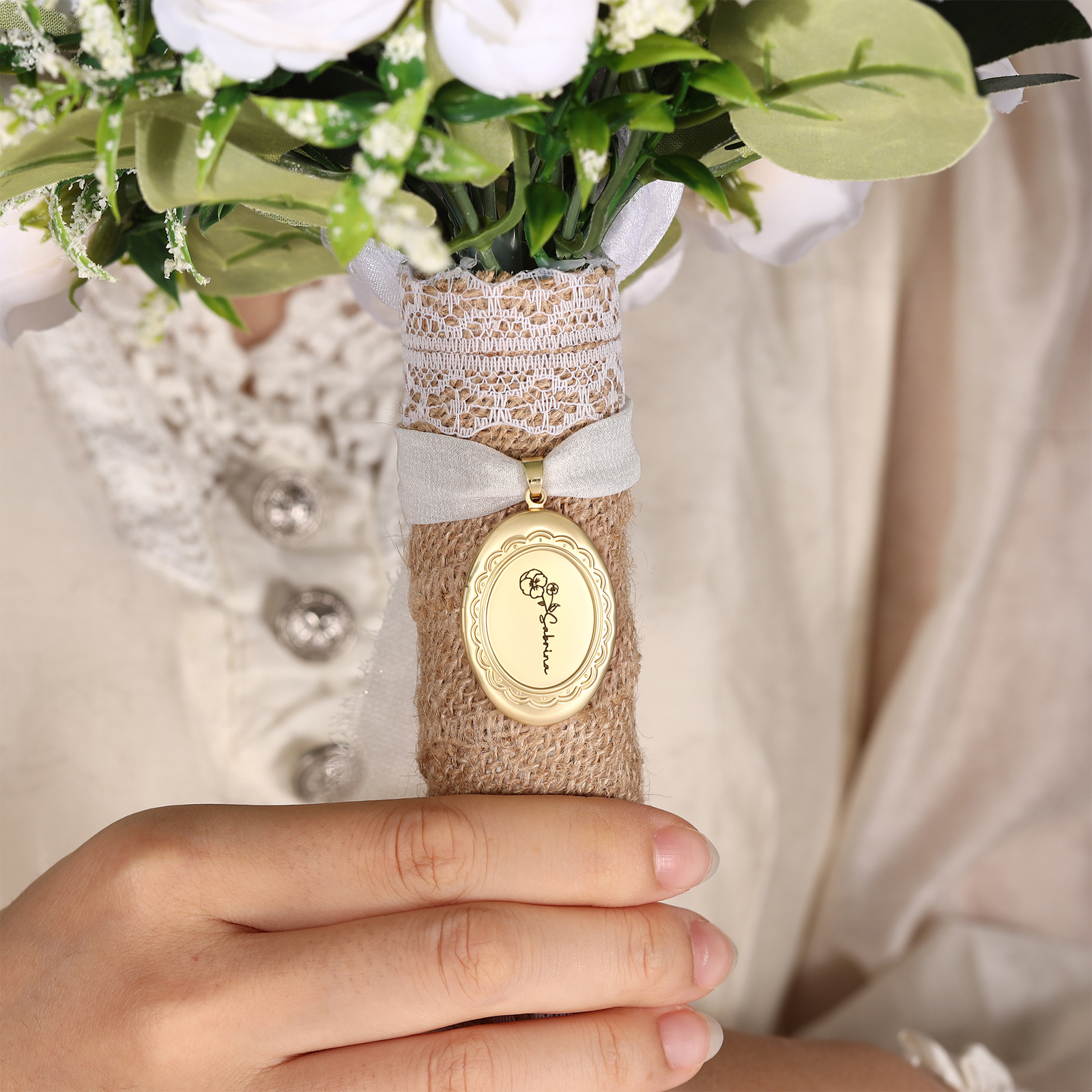 Personalized Photo Bridal Bouquet Charm with Birth Flower and Ribbon Memorial Wedding Keepsake
