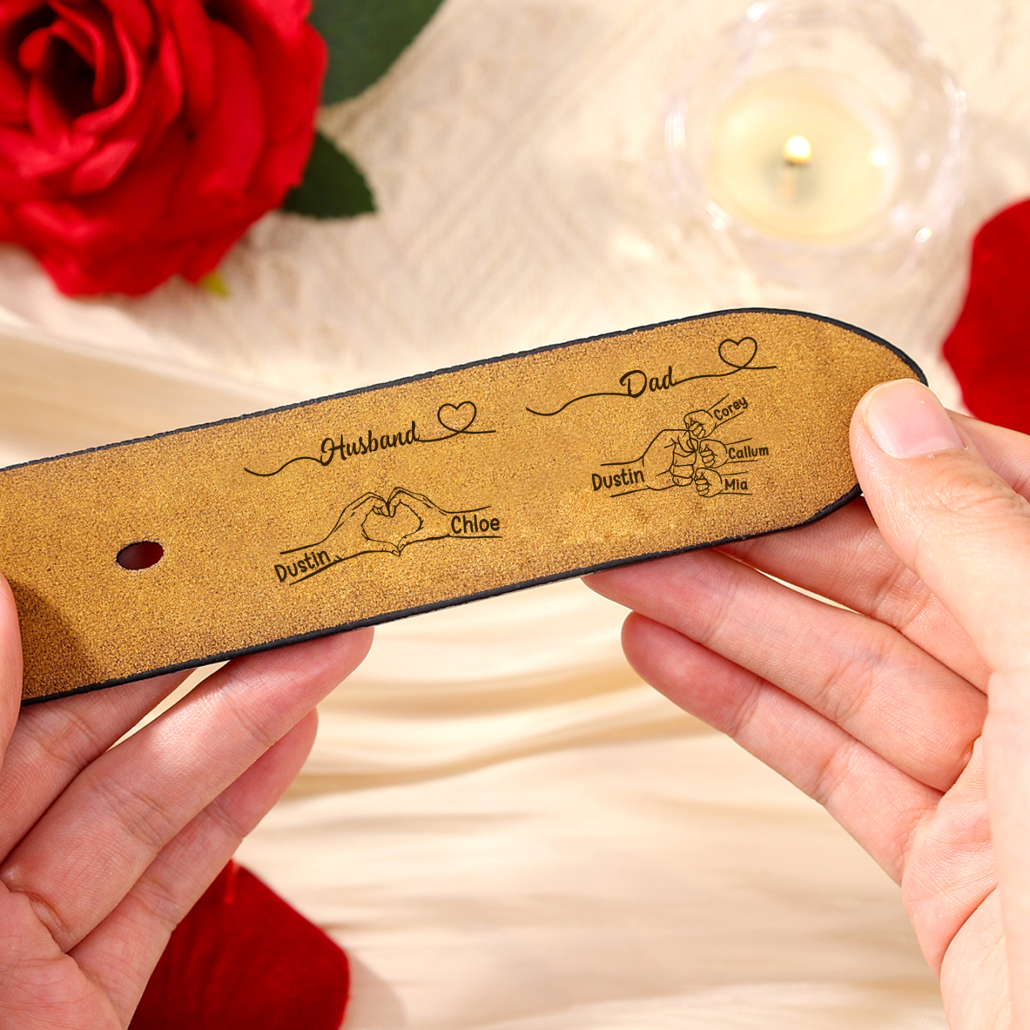 Personalized Men’s Leather Belt for Husband or Dad Engraved with Heart Hand Fist Bump
