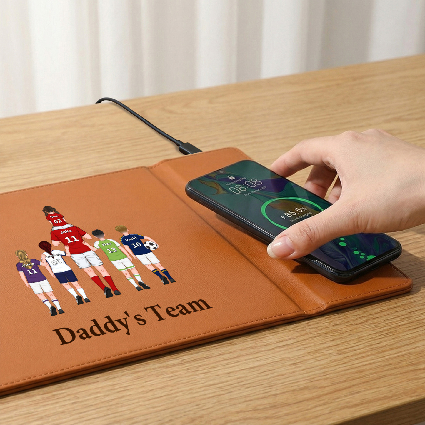 Personalized Leather Desk Pad With Wireless Charging Function Dadday's Team Custom with 1 To 8 Child Figures And Names