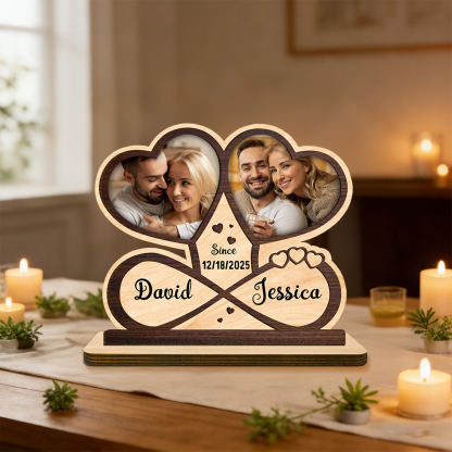Personalized Wooden Plaque with Photos, First Names, and Date – Romantic Decor for Couples