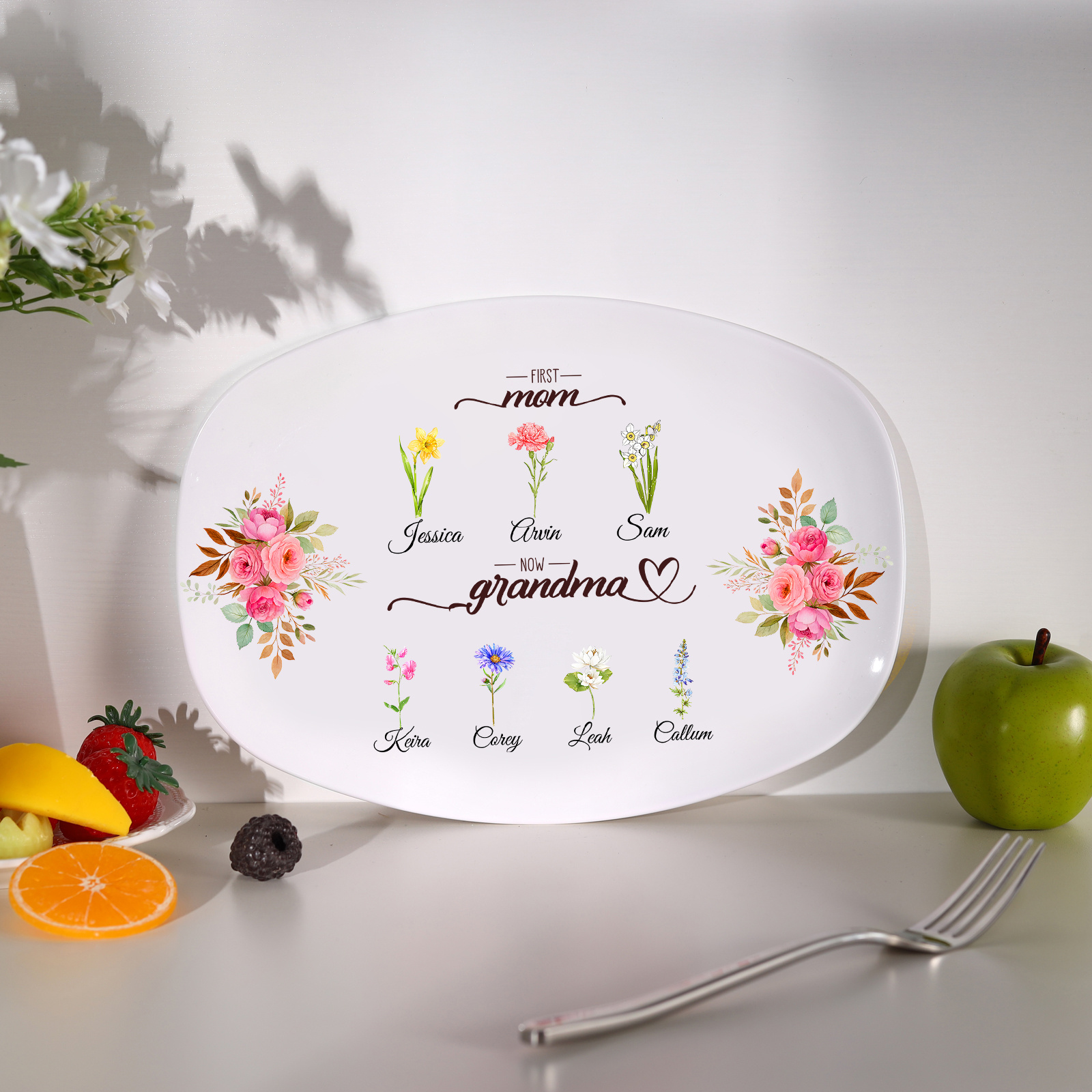 Personalized tray, 2 to 16 names, birth flowers, Mom, Grandma | Jessemade