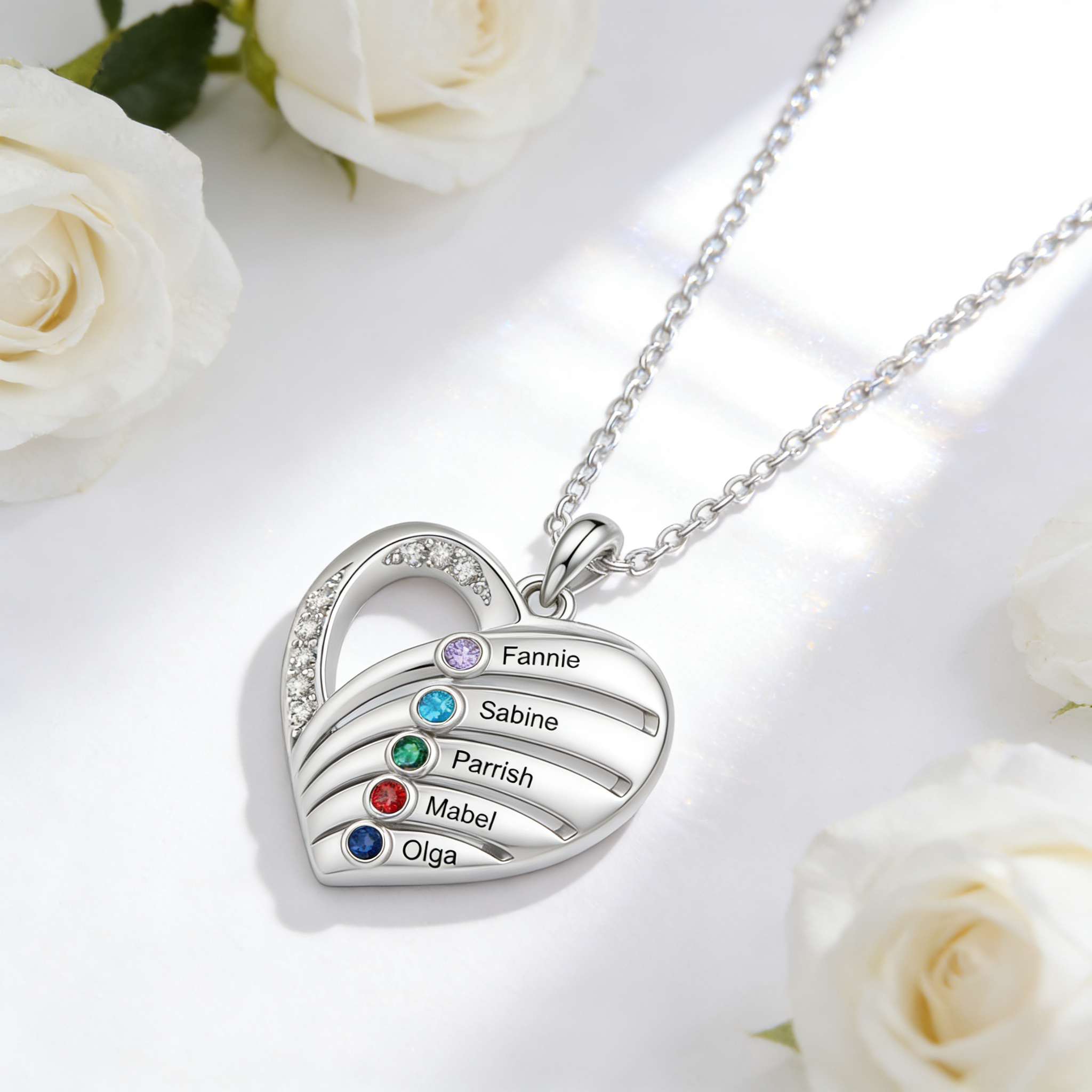 Personalized Heart Birthstones Necklace Customized With 3–5 Names And Stones