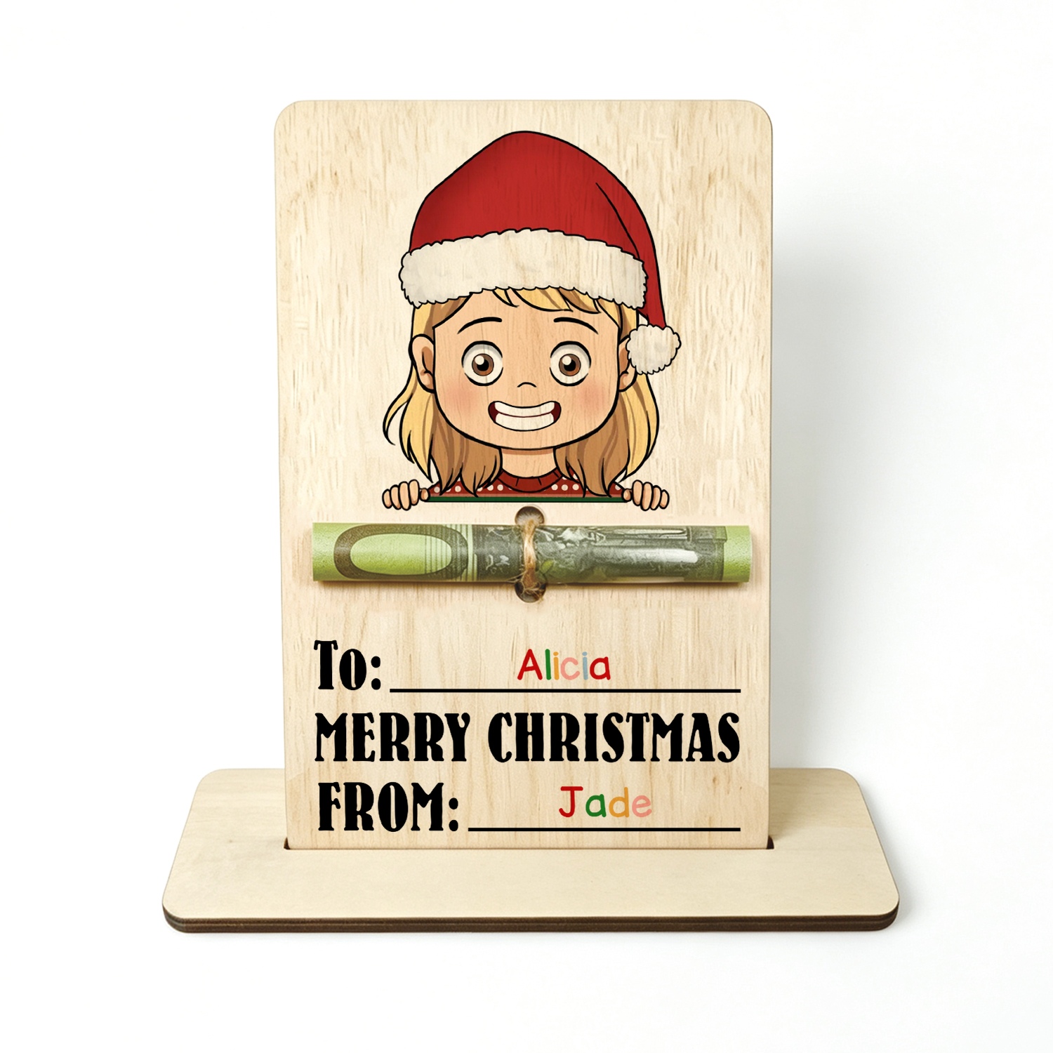 Personalized Wooden Christmas Money Holder with 2 Names Cash Gift Card for Child