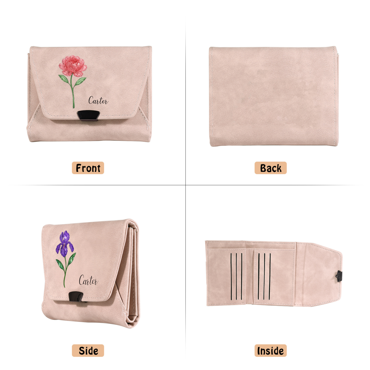 Personalized Women Leather Wallet Custom With Birth Flower And Name