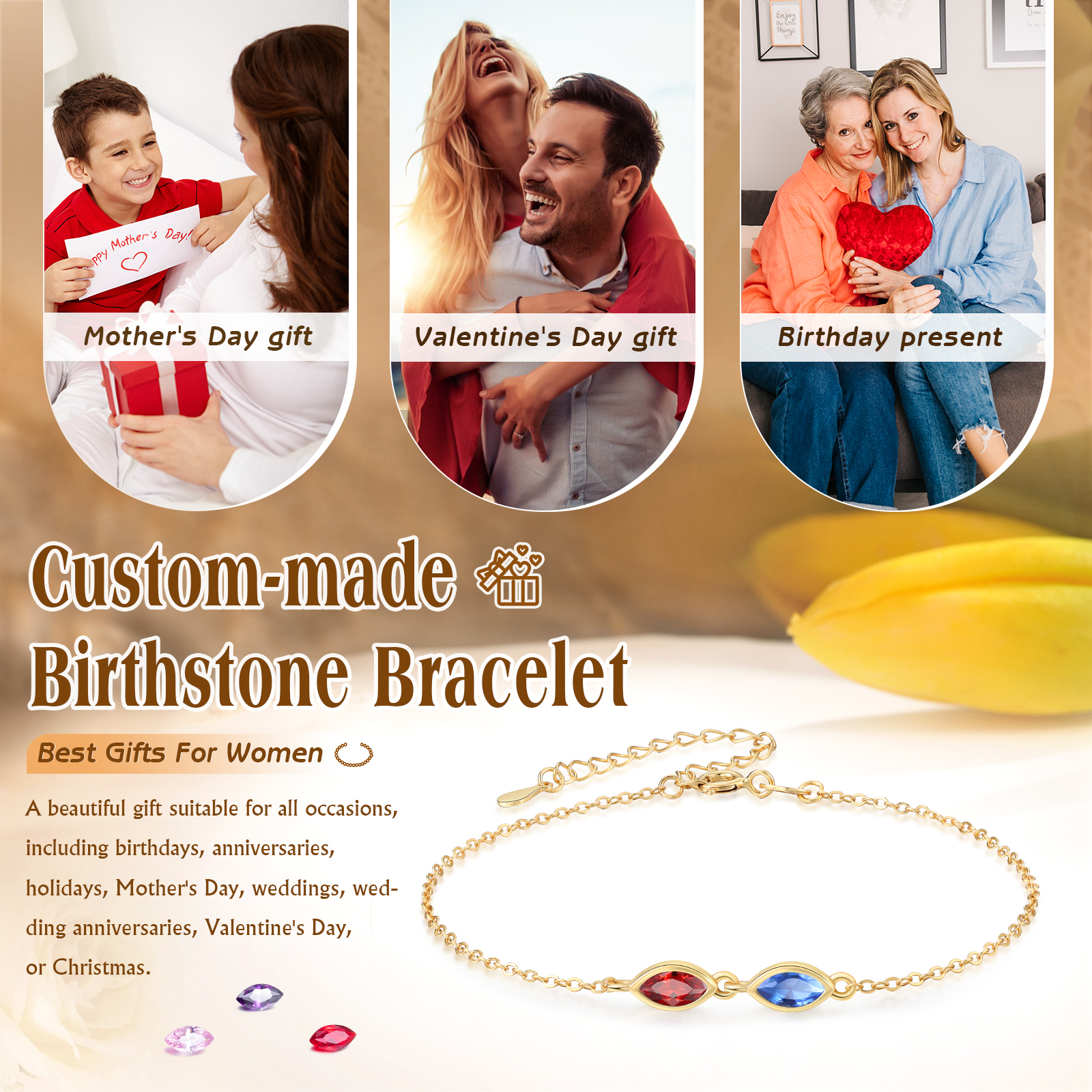 925 Sterling Silver Personalized Birthstones Bracelet Custom with 2–5 Marquise-Cut Stones