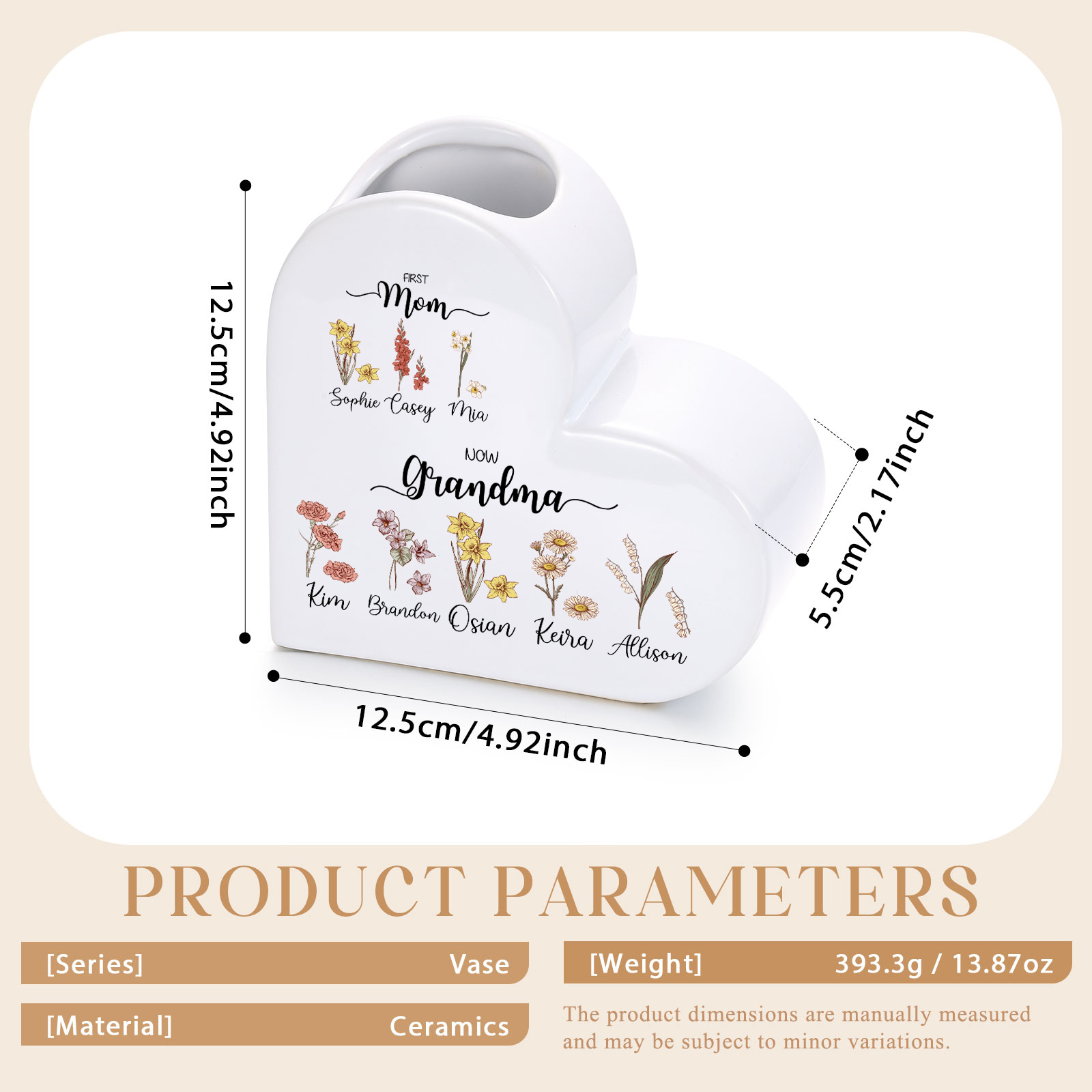 Personalized Ceramic Heart Vase Custom with 2–10 Names And Birth Flowers Mother’s Day Gift For Grandma And Mom