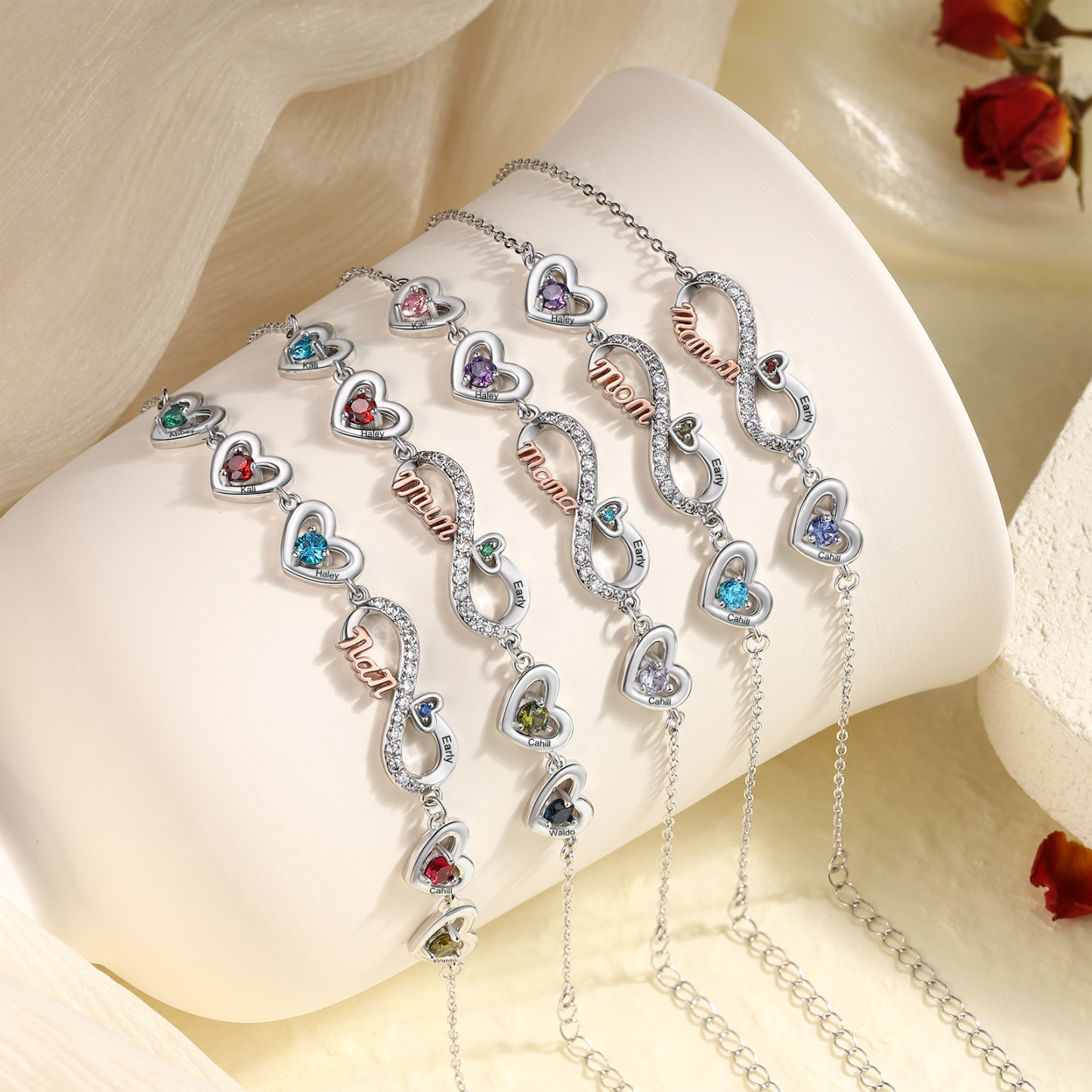 Personalized Infinity Heart Bracelet Mom Birthstones Bracelet Customized With 2–6 Names