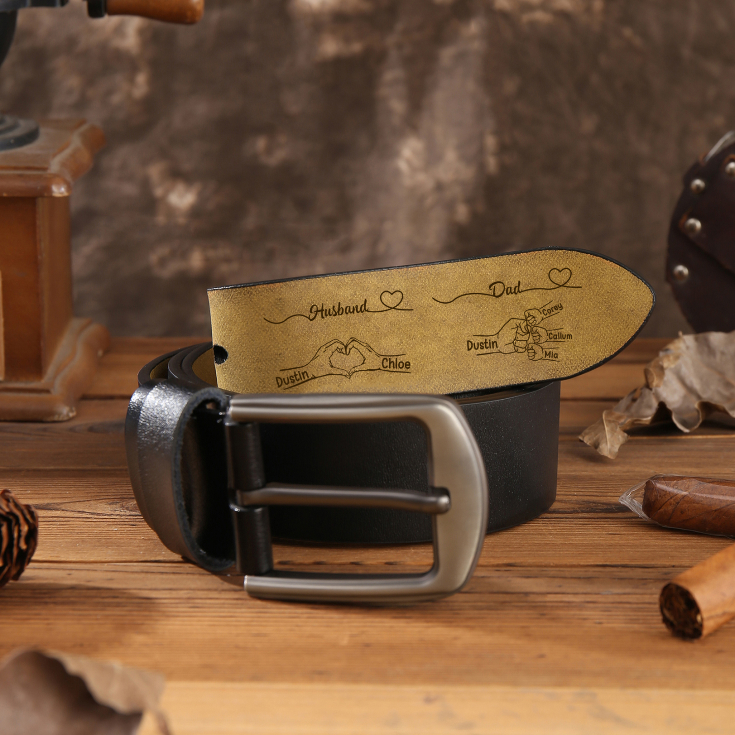 Personalized Men’s Leather Belt for Husband or Dad Engraved with Heart Hand Fist Bump
