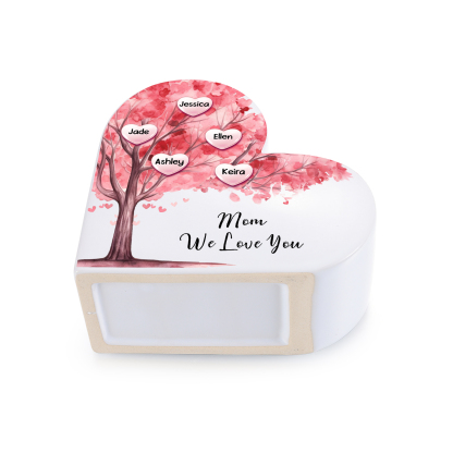 Personalized Heart Shaped Ceramic Vase With Pink Family Tree Customized With 1–12 Names