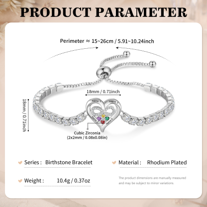 Personalized Tennis Bracelet with Infinity Heart Custom 2-4 Names and Birthstones Adjustable with Cubic Zirconia